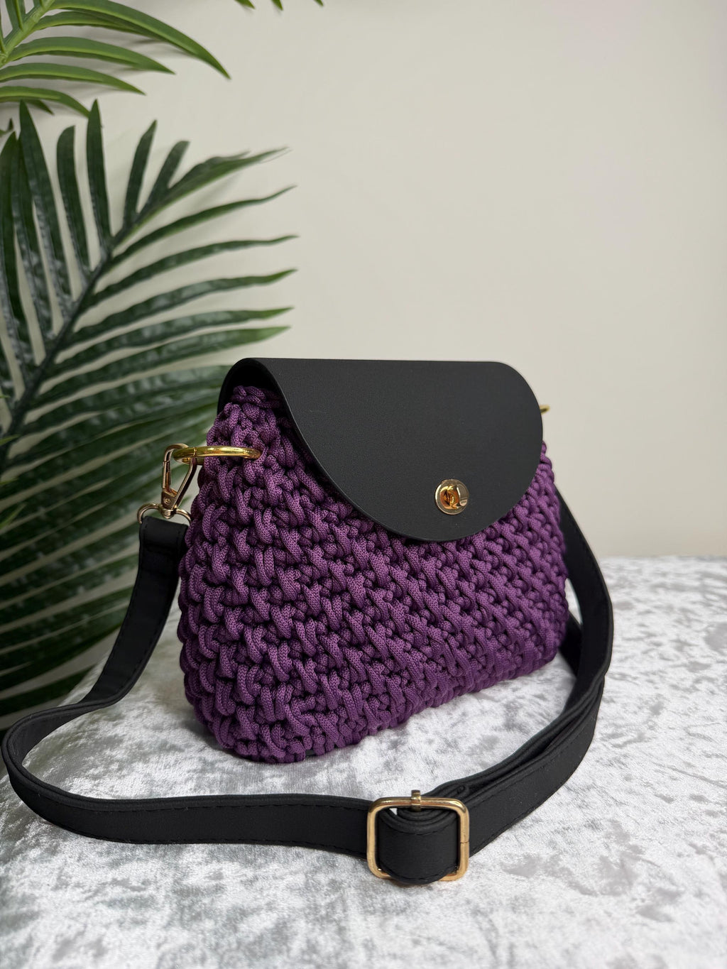 Purple Crochet Leather Flap Bag – Handmade Cord Handbag with Gold Hardware