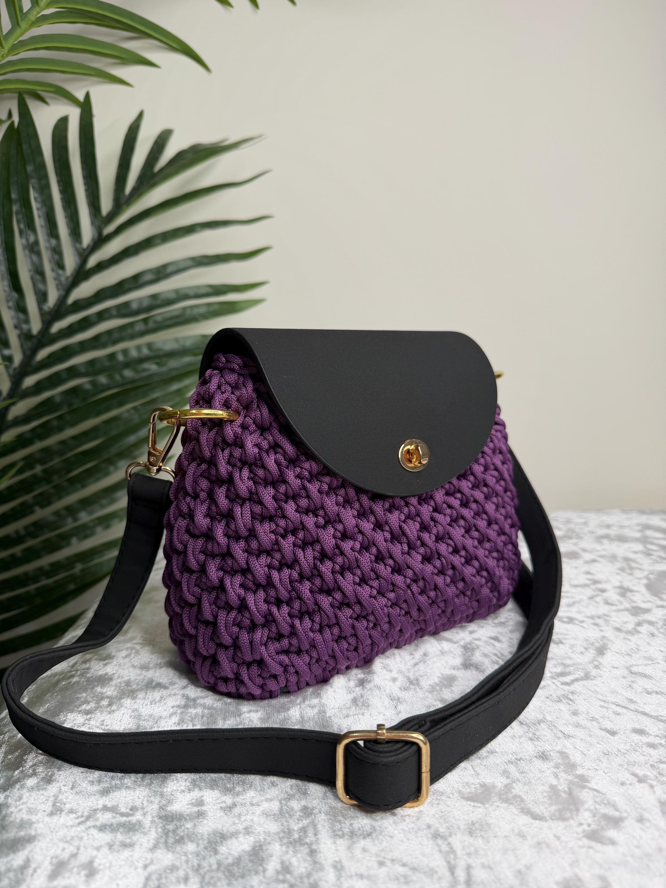 Purple Crochet Leather Flap Bag – Handmade Cord Handbag with Gold Hardware