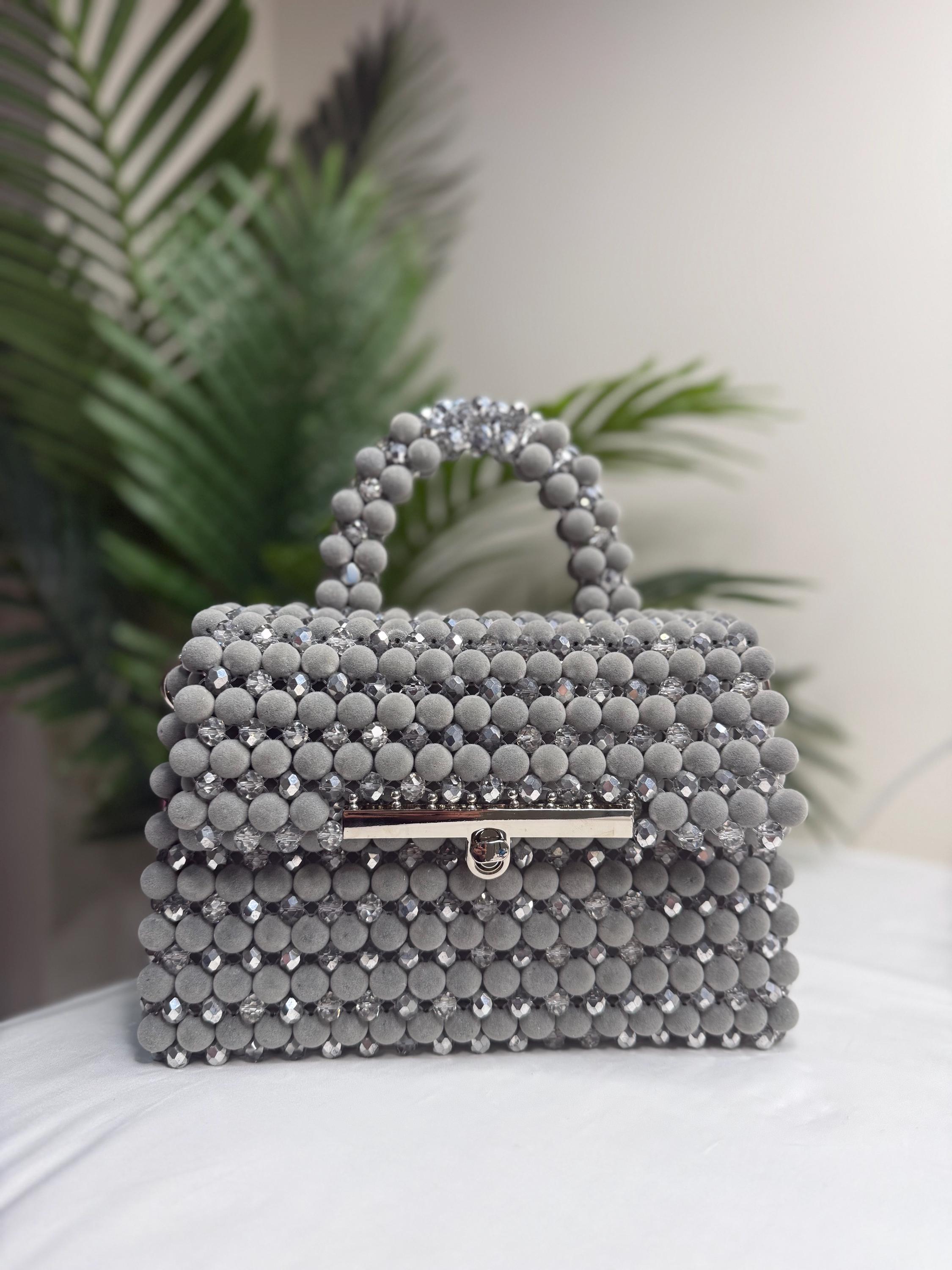Grey Beaded Evening Bag with Crystal Accents, Handmade Clutch Purse