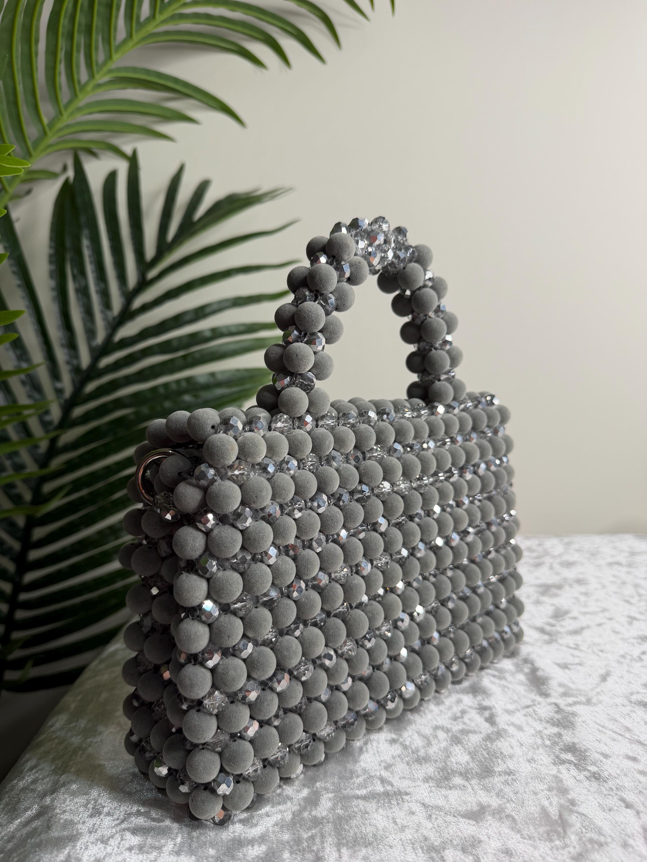 Grey Beaded Evening Bag with Crystal Accents, Handmade Clutch Purse