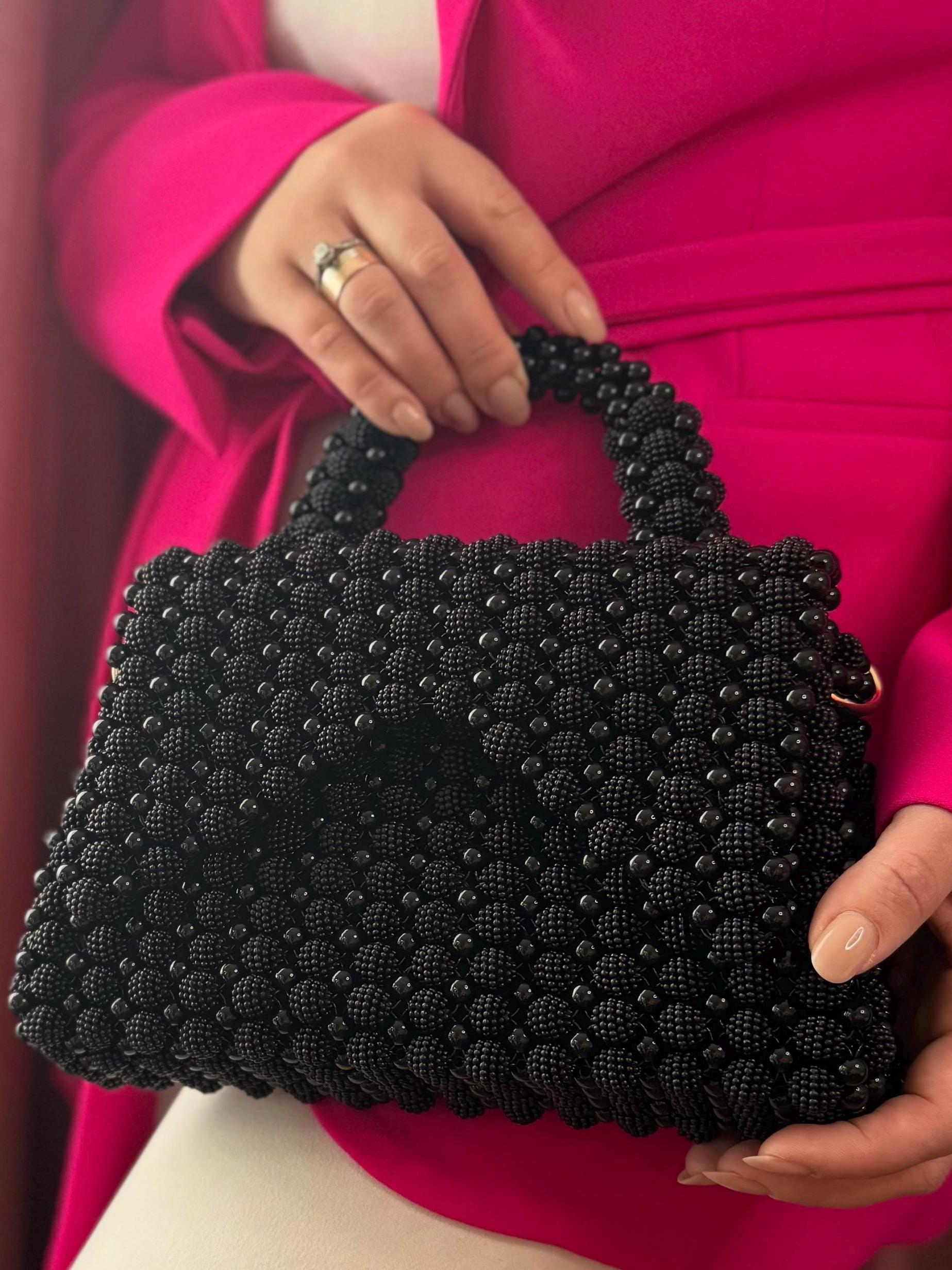 Handmade Black Beaded Evening Bag – Top Handle Purse with Gold Chain