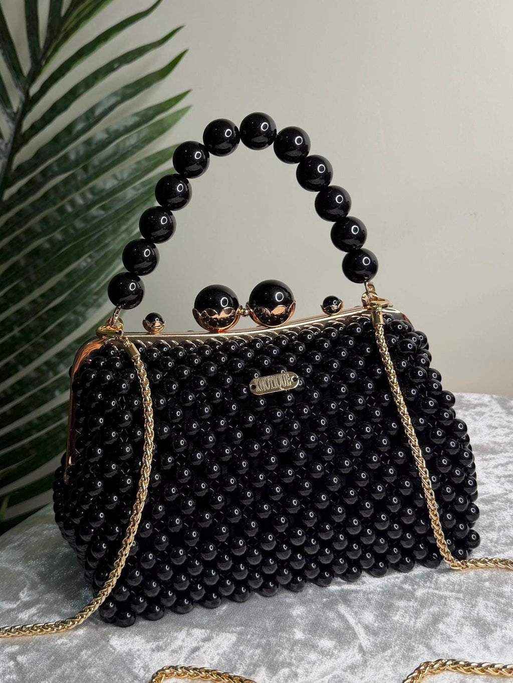 Black Beaded Evening Bag, Crystal Top Handle Clutch, Handmade Statement Purse