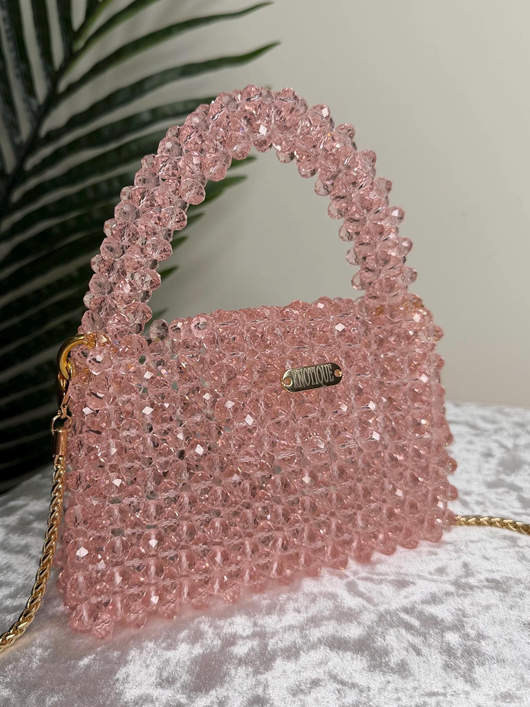 Blush Pink Crystal Beaded Mini Bag, Top Handle Clutch, Bridal Evening Purse