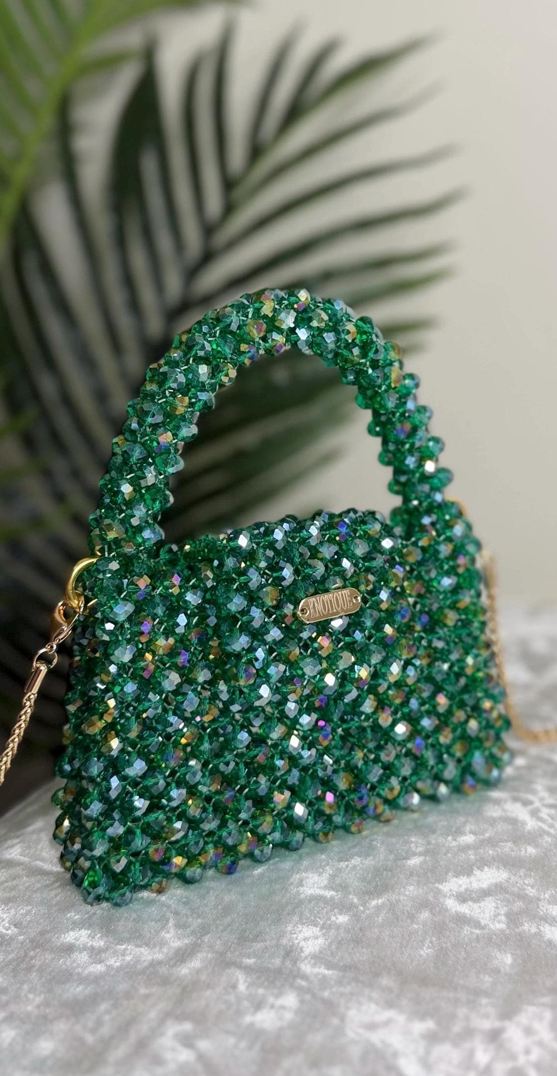 Emerald Crystal Mini Bag – Handmade Beaded Evening Purse with Gold Chain