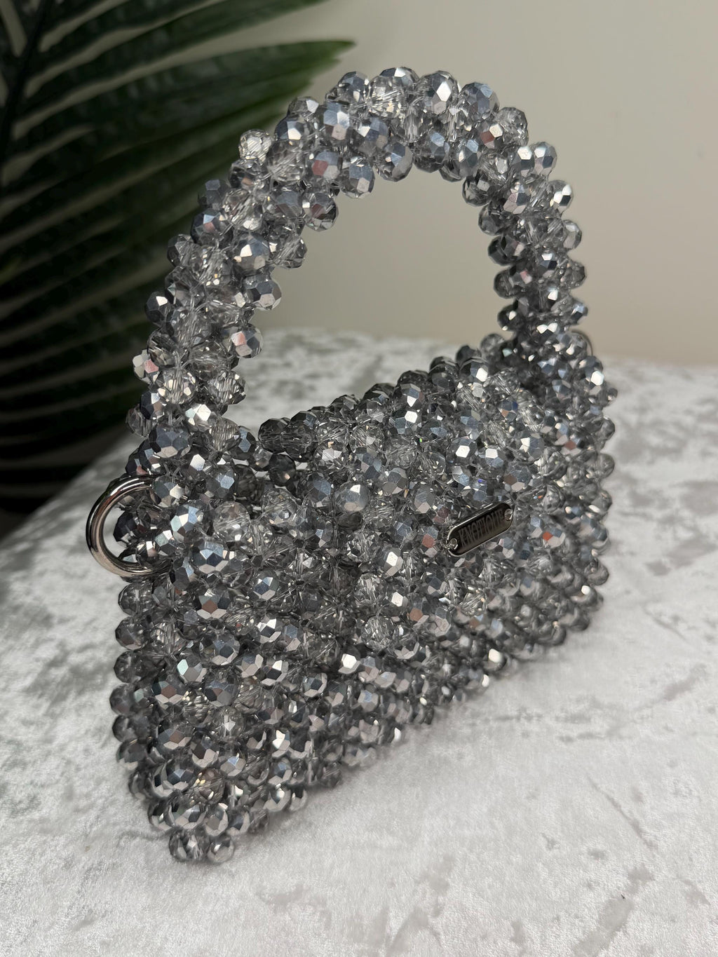 Handmade Silver Crystal Beaded Bag, Sparkly Evening Clutch, Sculptural Handle Handbag