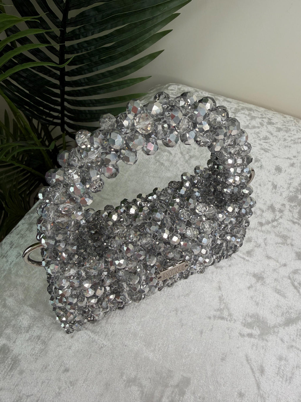 Handmade Silver Crystal Beaded Bag, Sparkly Evening Clutch, Sculptural Handle Handbag