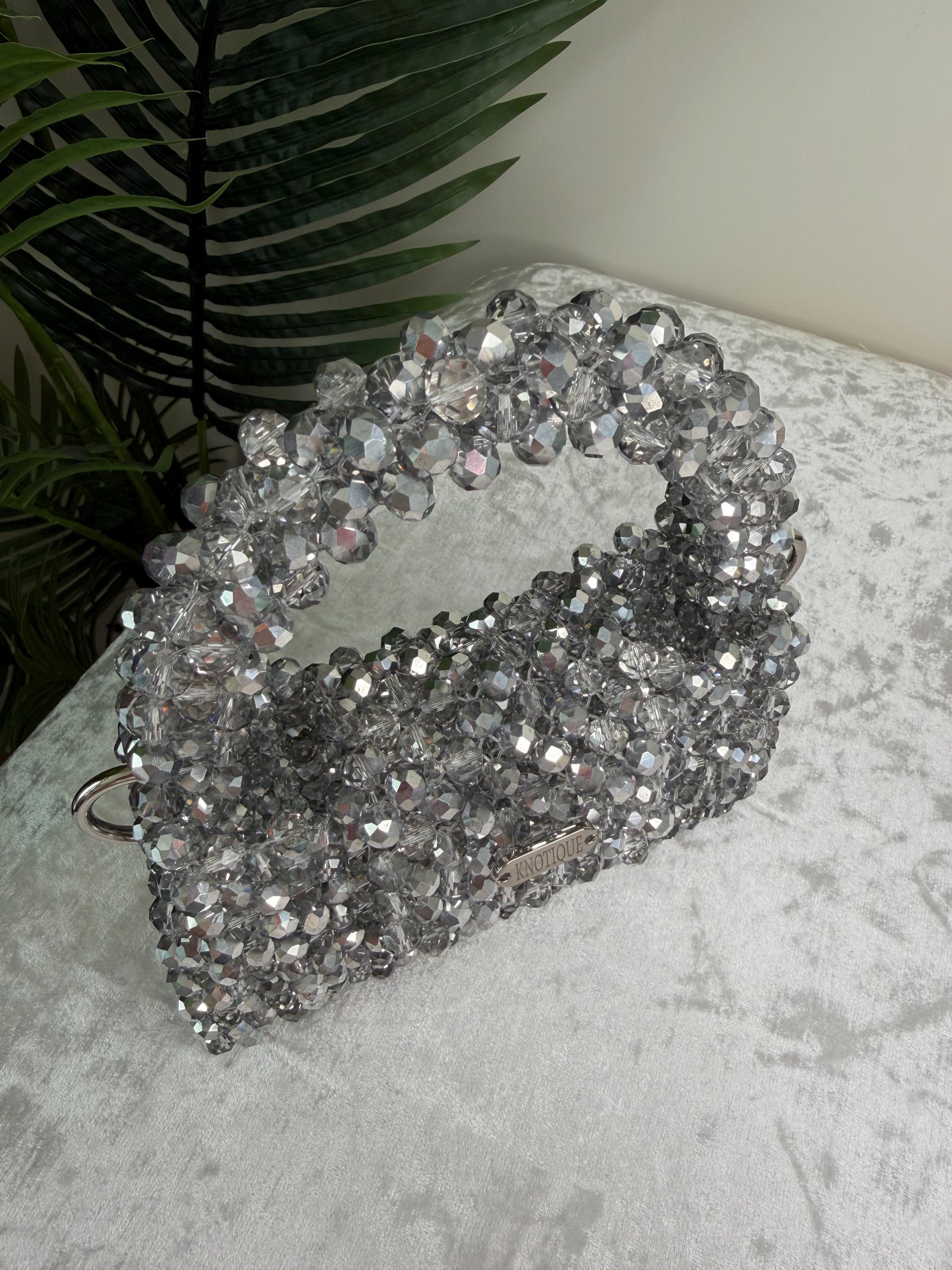 Handmade Silver Crystal Beaded Bag, Sparkly Evening Clutch, Sculptural Handle Handbag