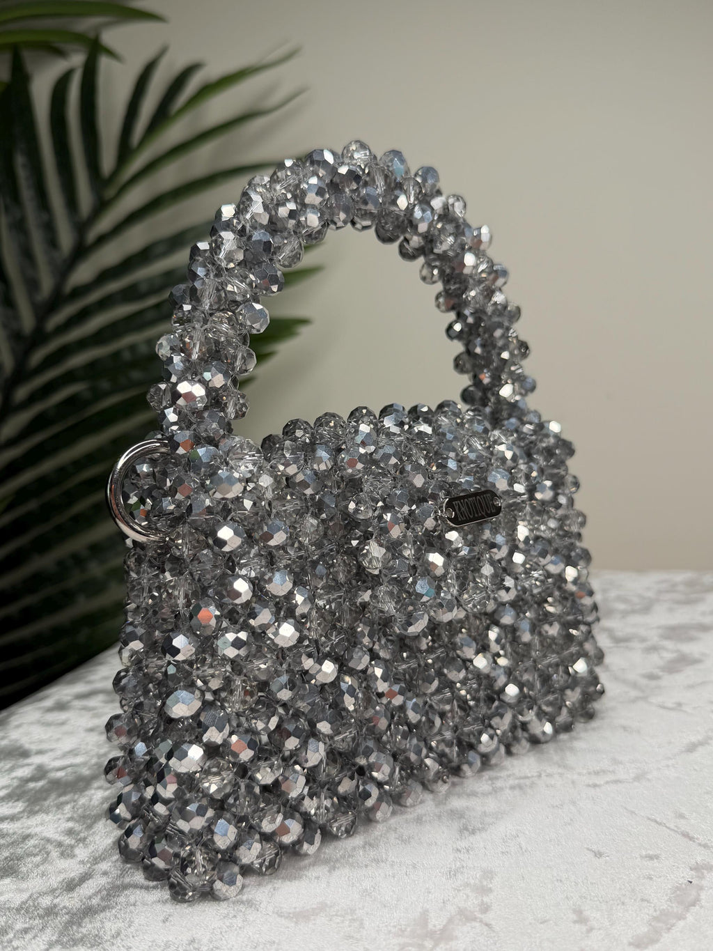 Handmade Silver Crystal Beaded Bag, Sparkly Evening Clutch, Sculptural Handle Handbag