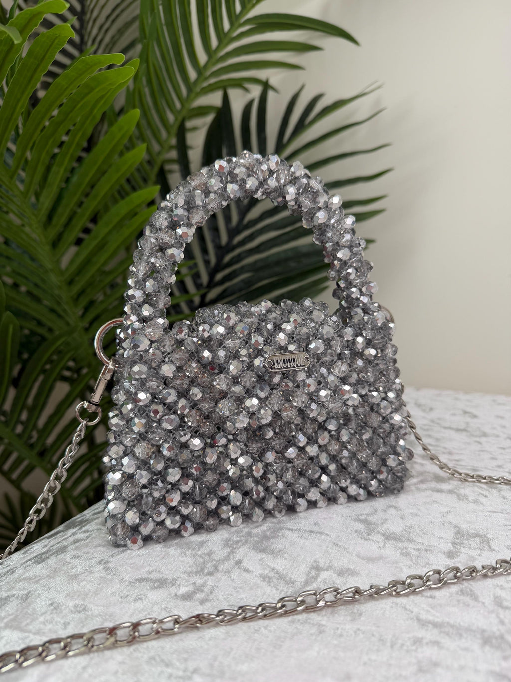 Handmade Silver Crystal Beaded Bag, Sparkly Evening Clutch, Sculptural Handle Handbag