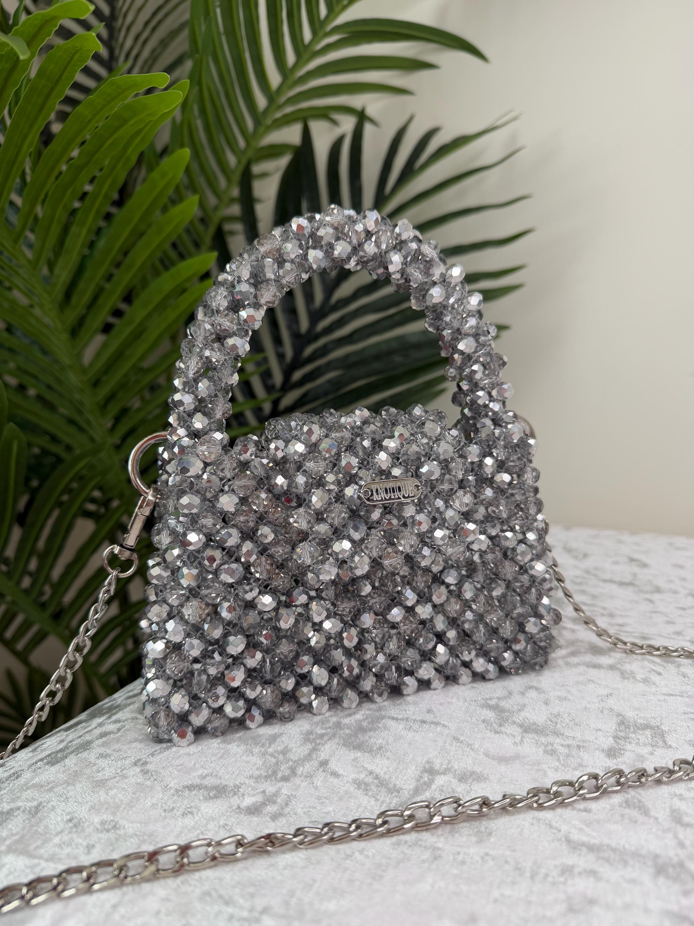 Handmade Silver Crystal Beaded Bag, Sparkly Evening Clutch, Sculptural Handle Handbag