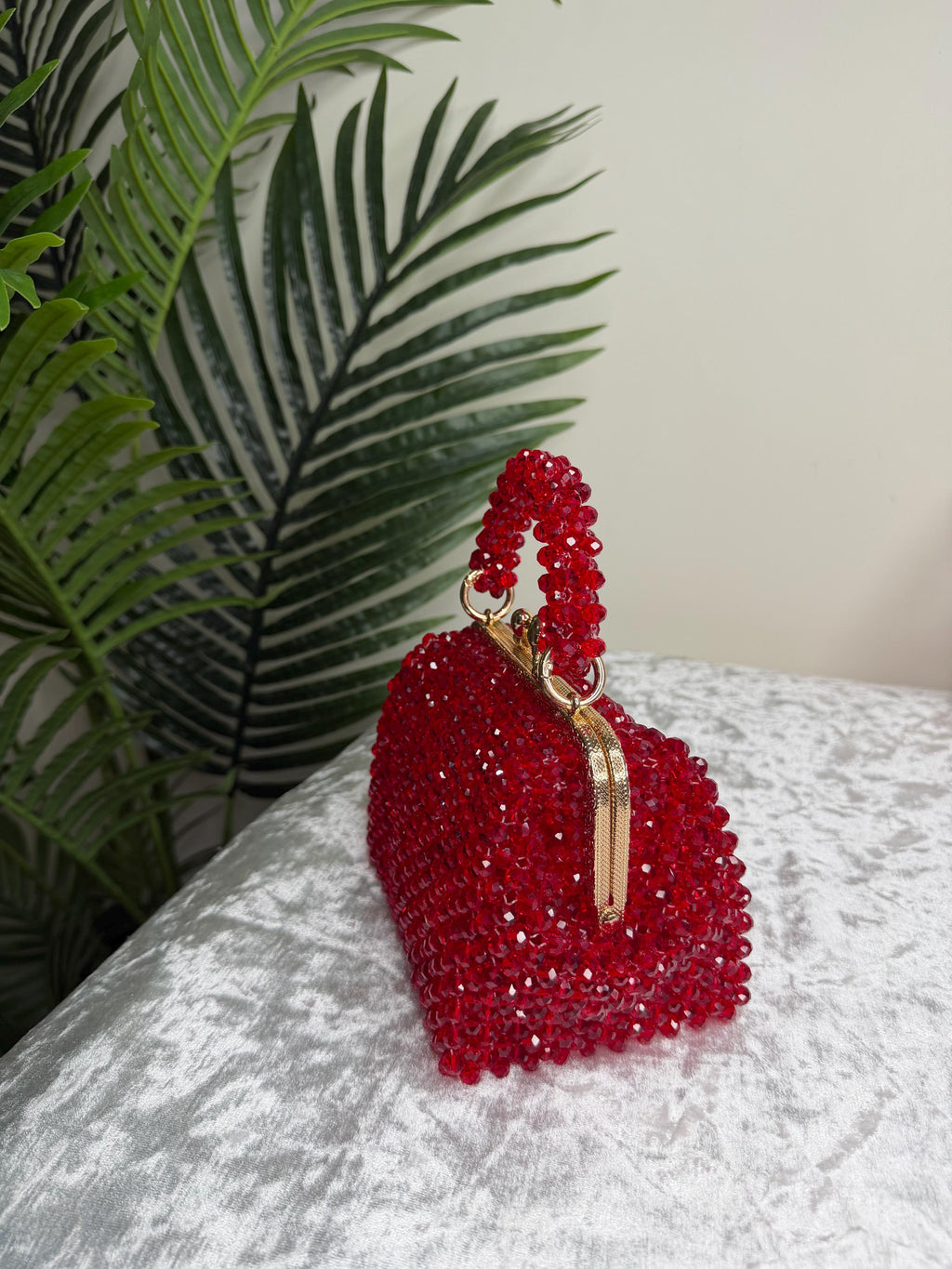 Red Crystal Beaded Clutch Bag, Handmade Evening Purse, Gold Chain Strap