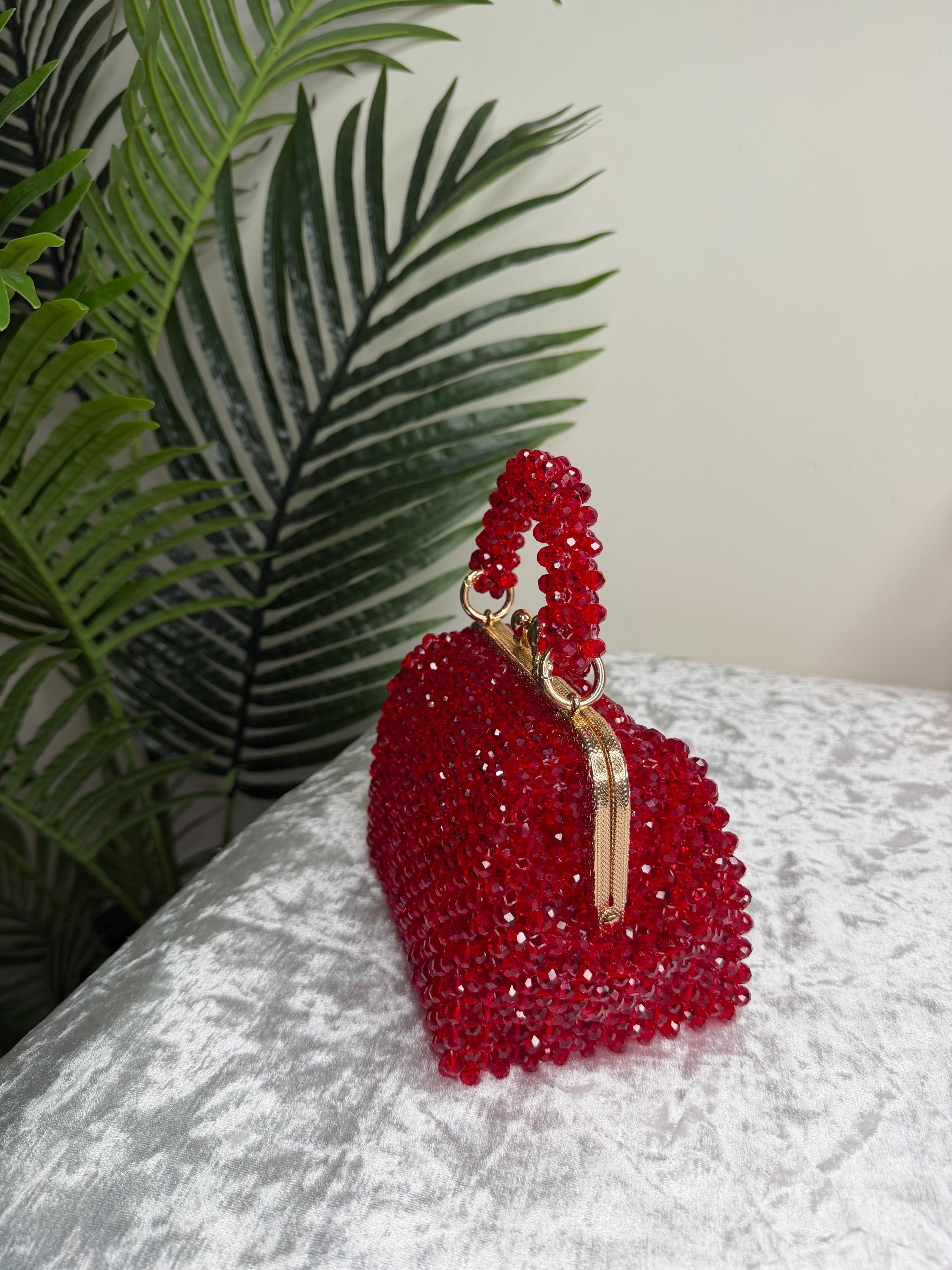 Red Crystal Beaded Clutch Bag, Handmade Evening Purse, Gold Chain Strap