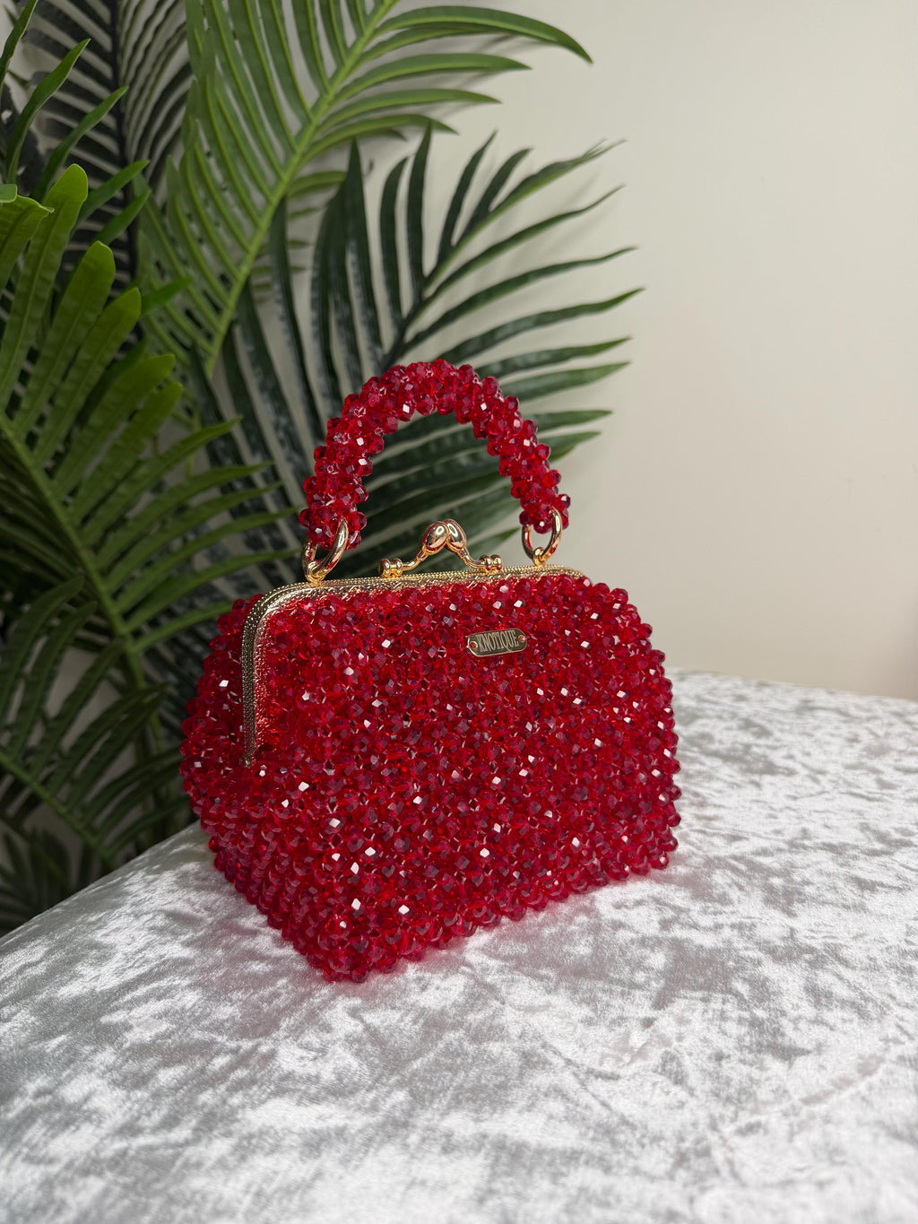 Red Crystal Beaded Clutch Bag, Handmade Evening Purse, Gold Chain Strap