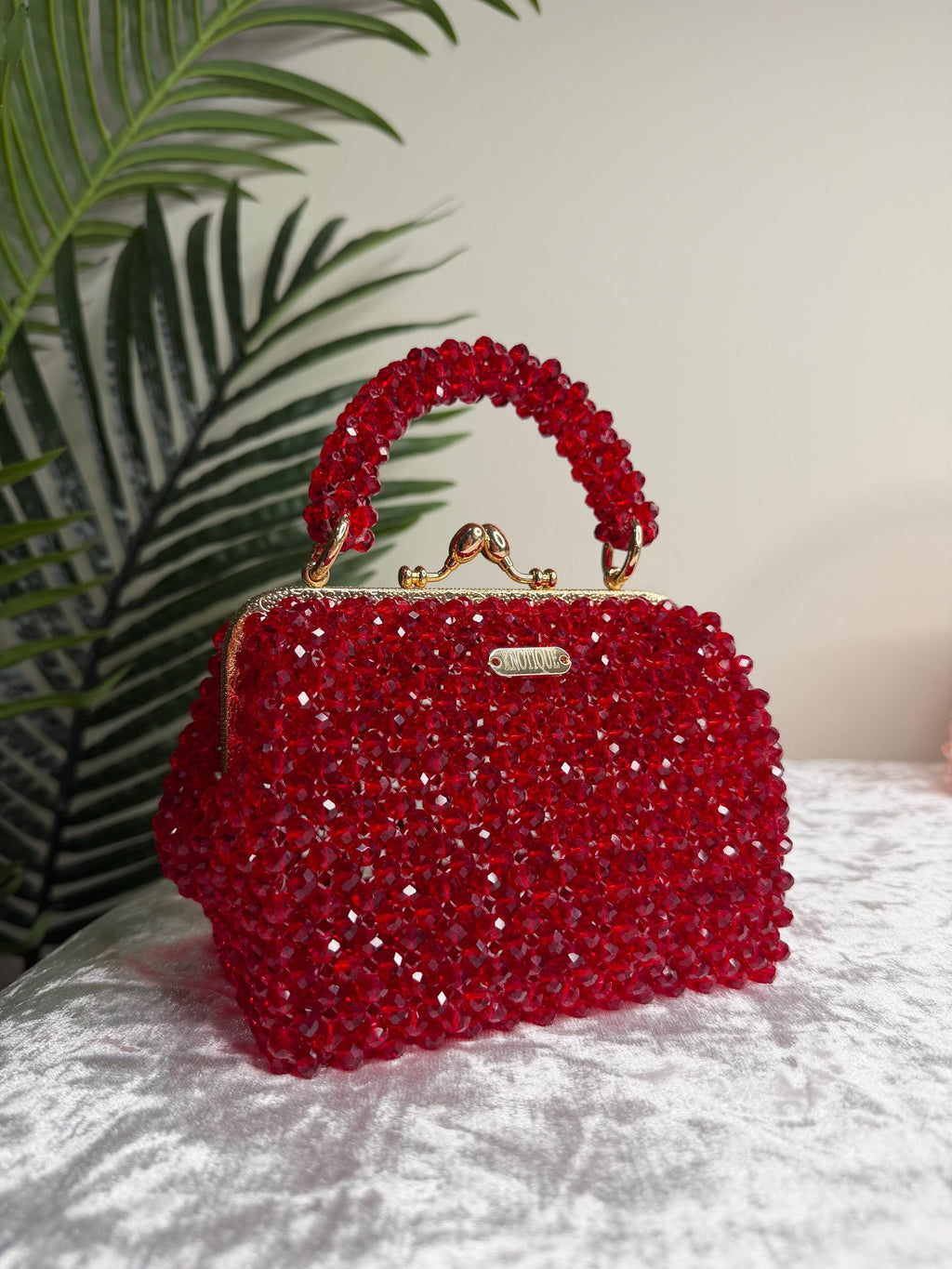 Red Crystal Beaded Clutch Bag, Handmade Evening Purse, Gold Chain Strap