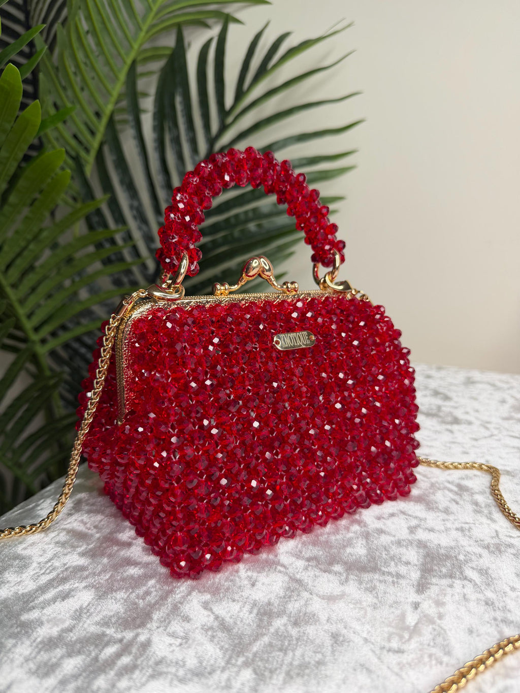 Red Crystal Beaded Clutch Bag, Handmade Evening Purse, Gold Chain Strap
