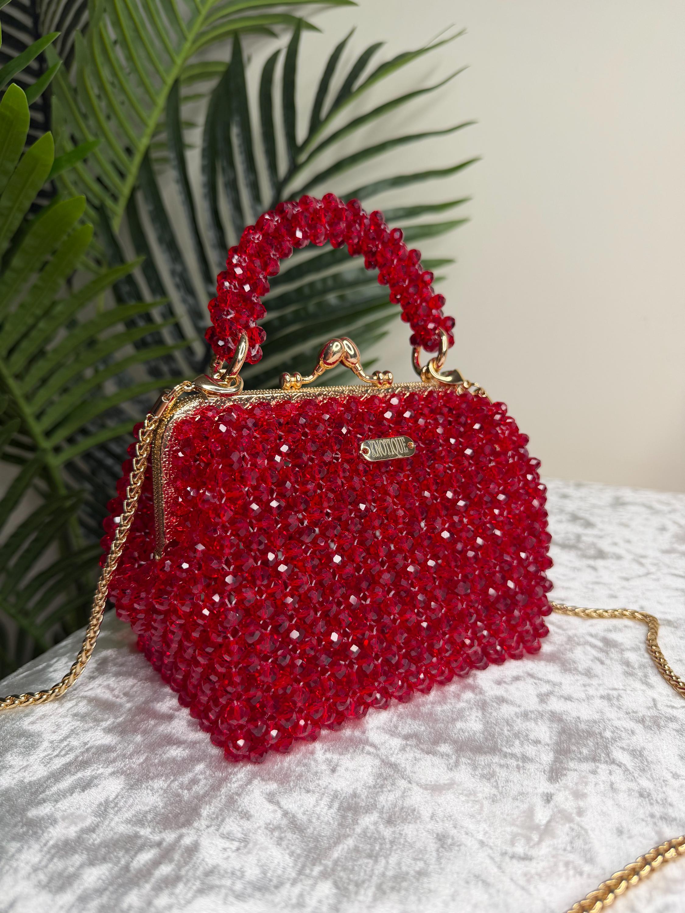 Red Crystal Beaded Clutch Bag, Handmade Evening Purse, Gold Chain Strap