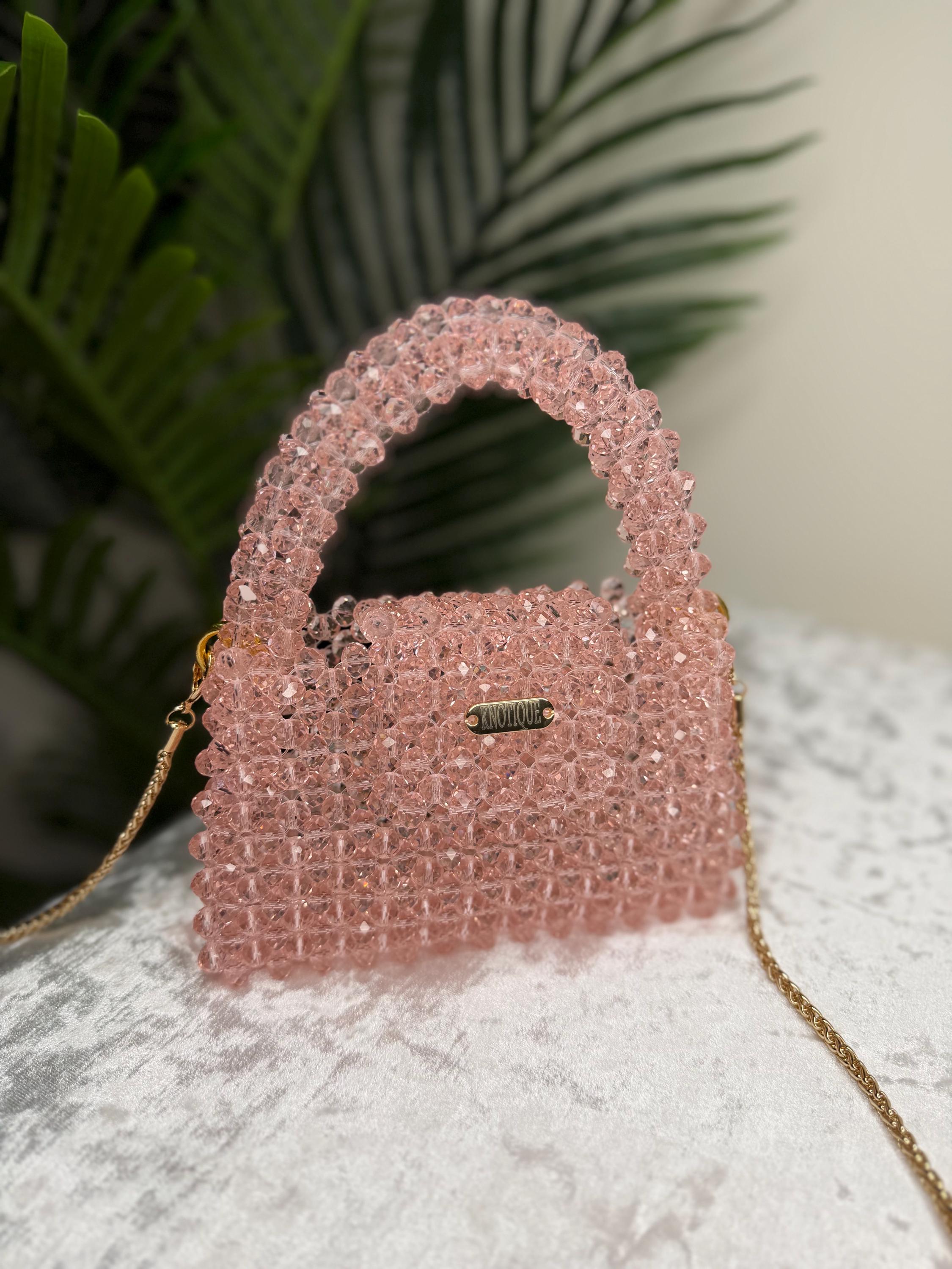Blush Pink Crystal Beaded Mini Bag, Top Handle Clutch, Bridal Evening Purse