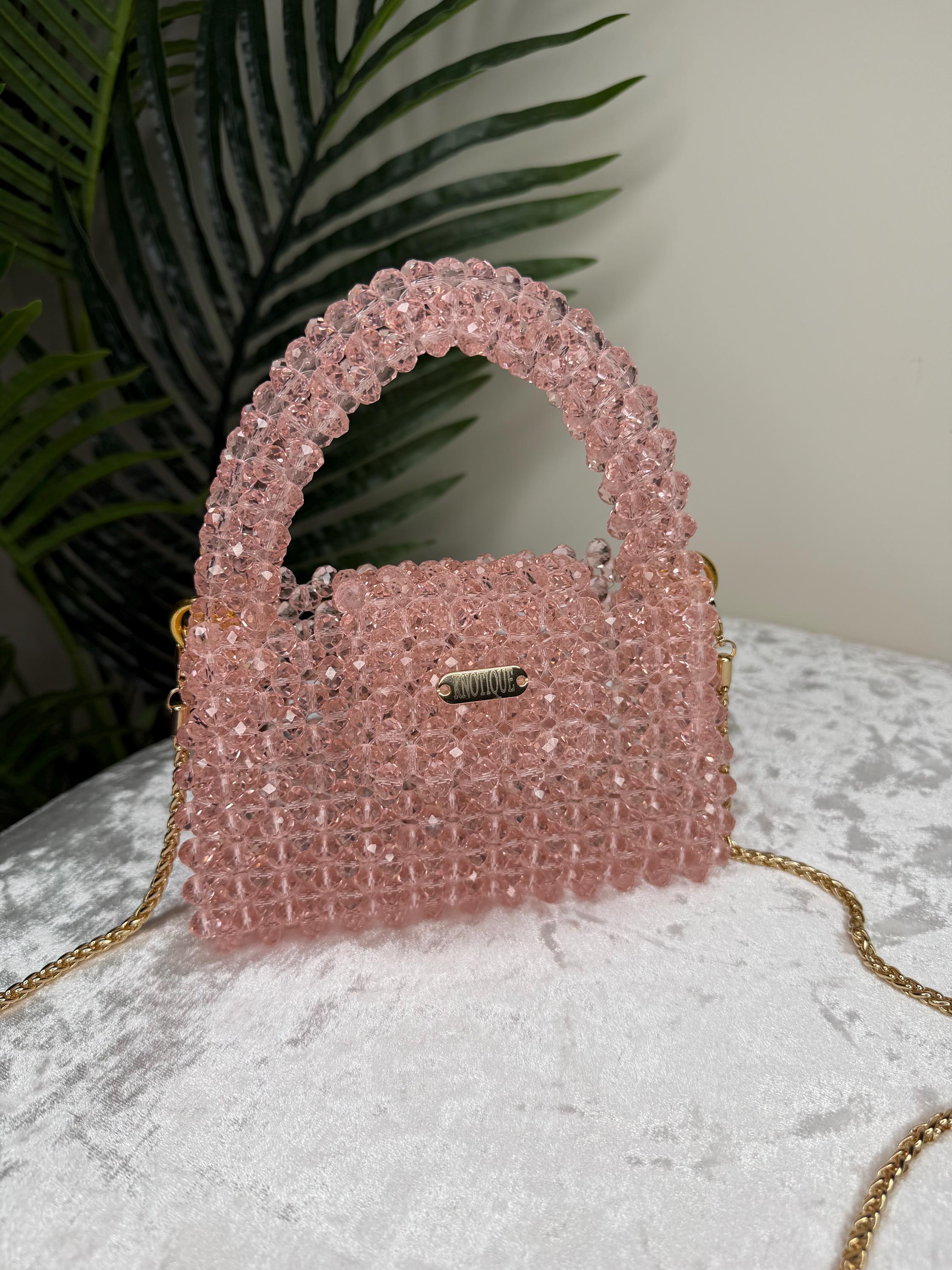 Blush Pink Crystal Beaded Mini Bag, Top Handle Clutch, Bridal Evening Purse