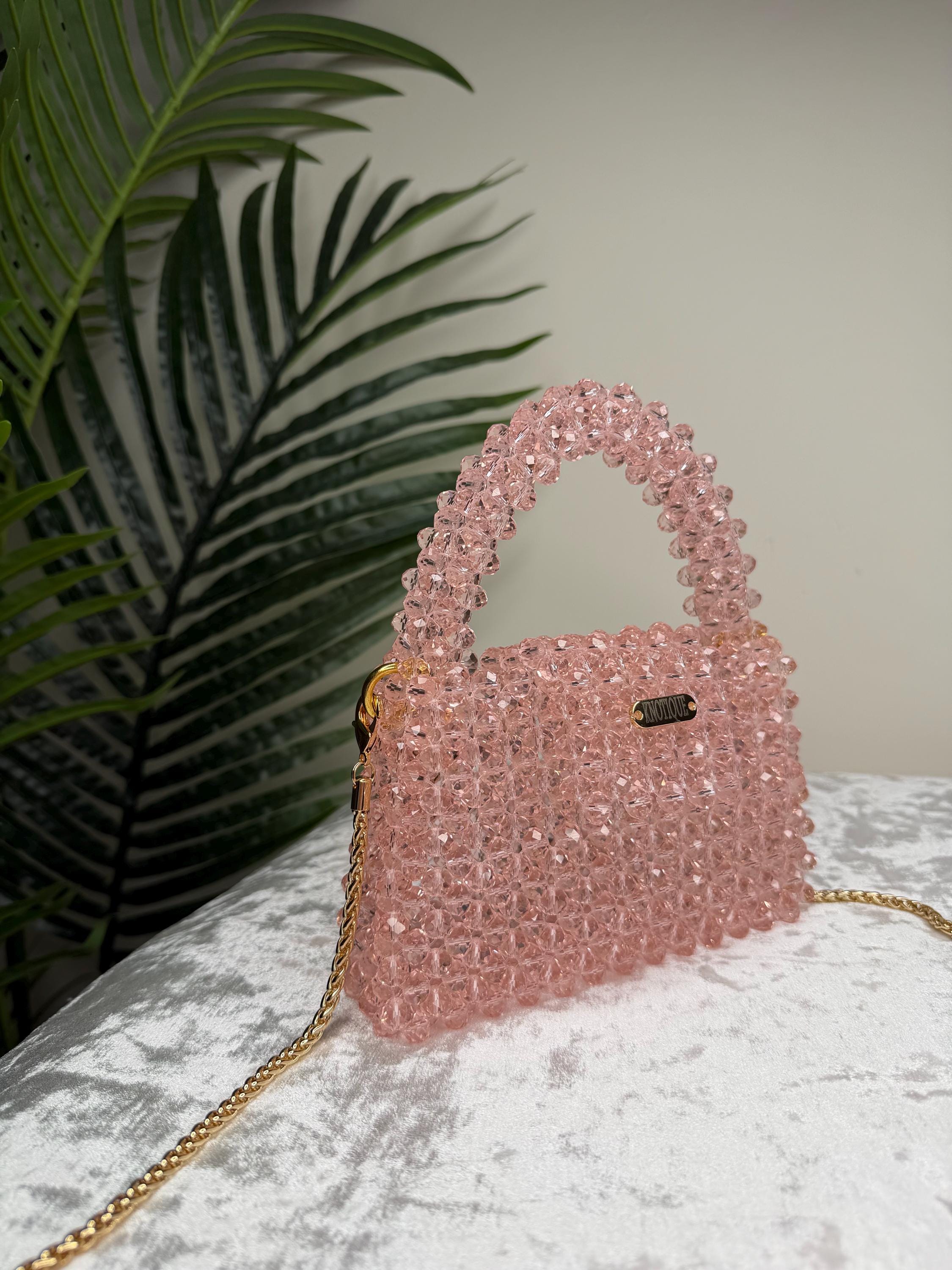 Blush Pink Crystal Beaded Mini Bag, Top Handle Clutch, Bridal Evening Purse