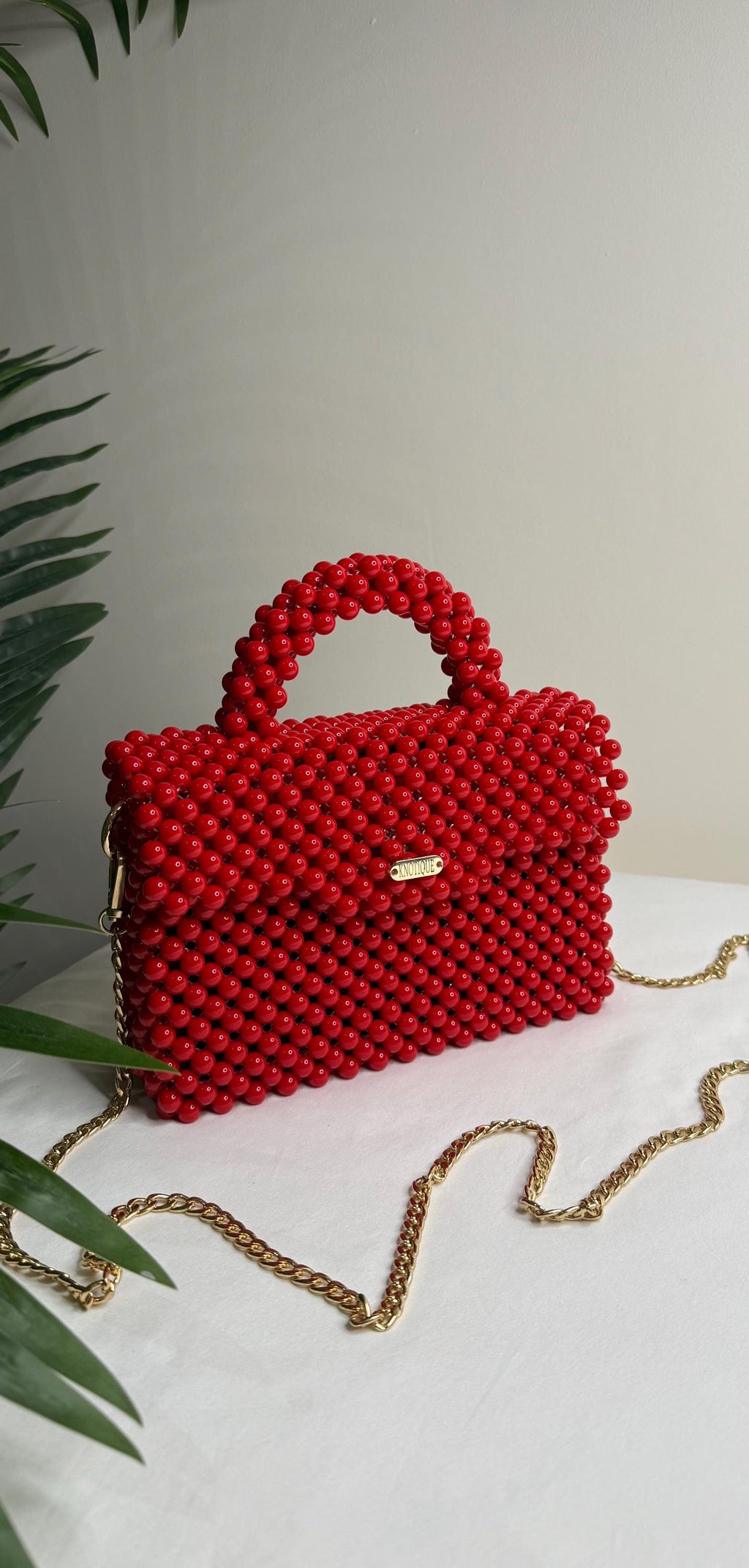 Red Beaded Statement Handbag, Gold Chain Top Handle Evening Clutch