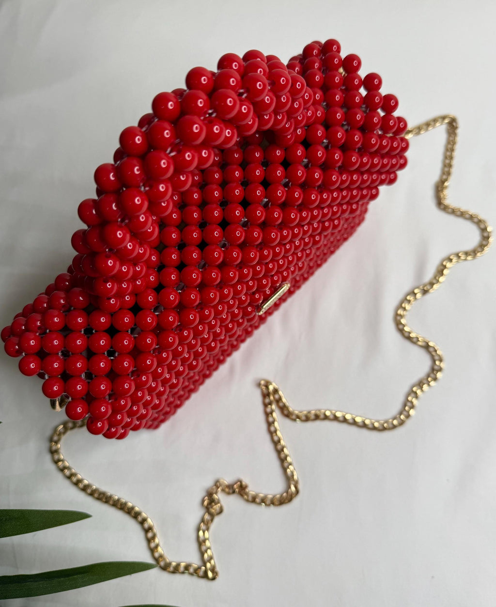 Red Beaded Statement Handbag, Gold Chain Top Handle Evening Clutch
