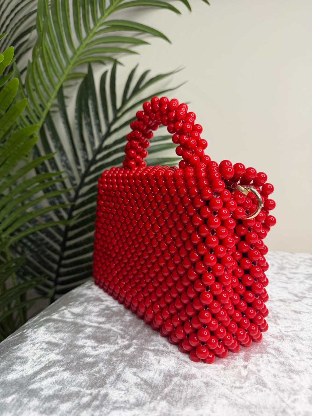 Red Beaded Statement Handbag, Gold Chain Top Handle Evening Clutch