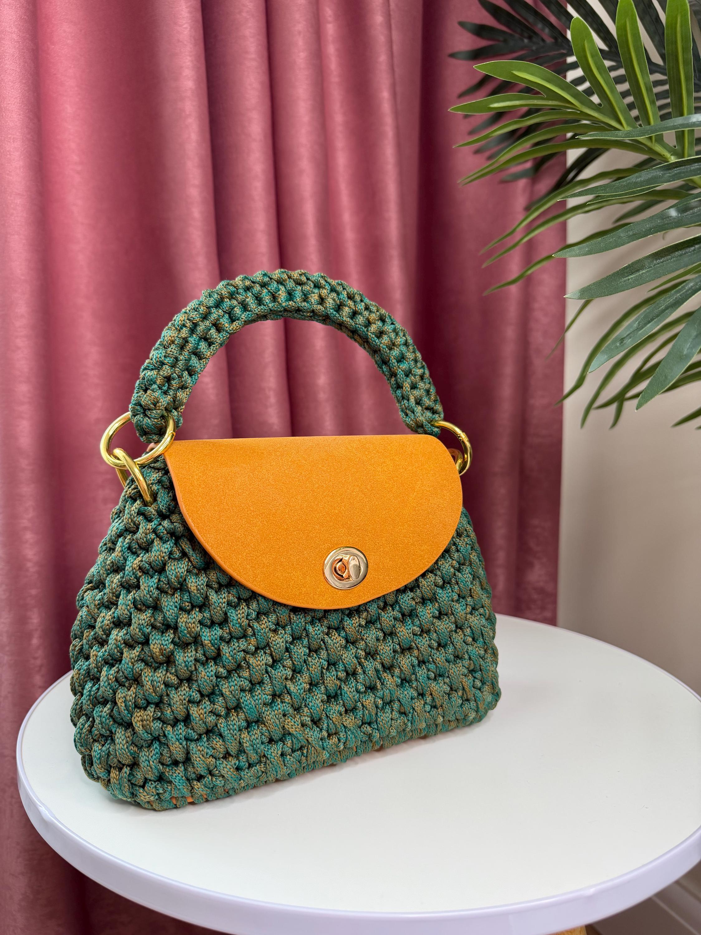 Emerald Green Crochet Bag with Caramel Leather Flap – Handmade Top Handle & Crossbody | Limited Edition KNOTIQUE