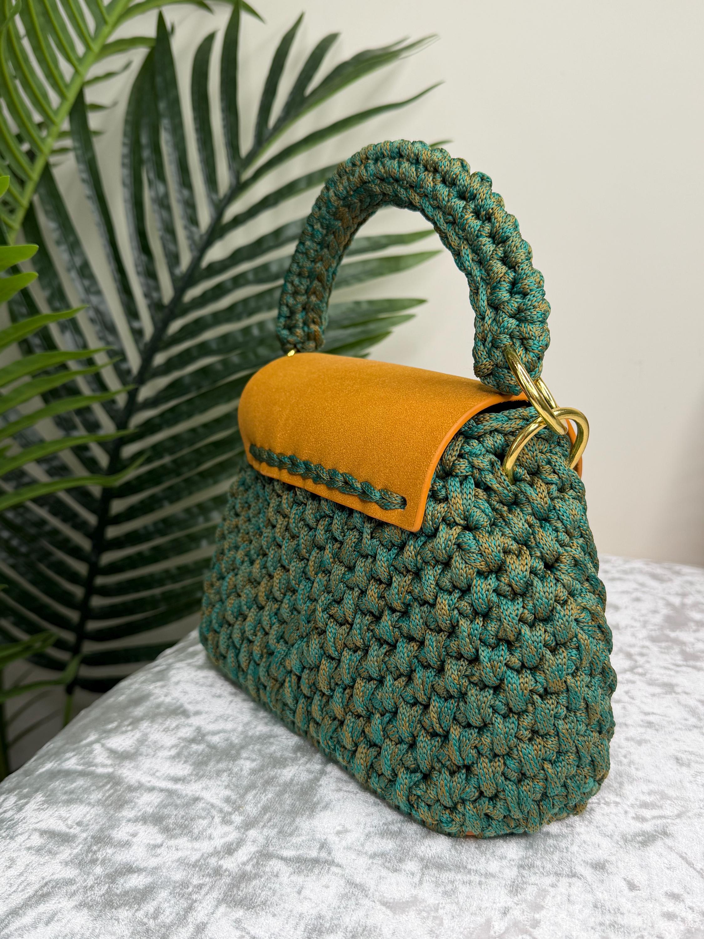 Emerald Green Crochet Bag with Caramel Leather Flap – Handmade Top Handle & Crossbody | Limited Edition KNOTIQUE