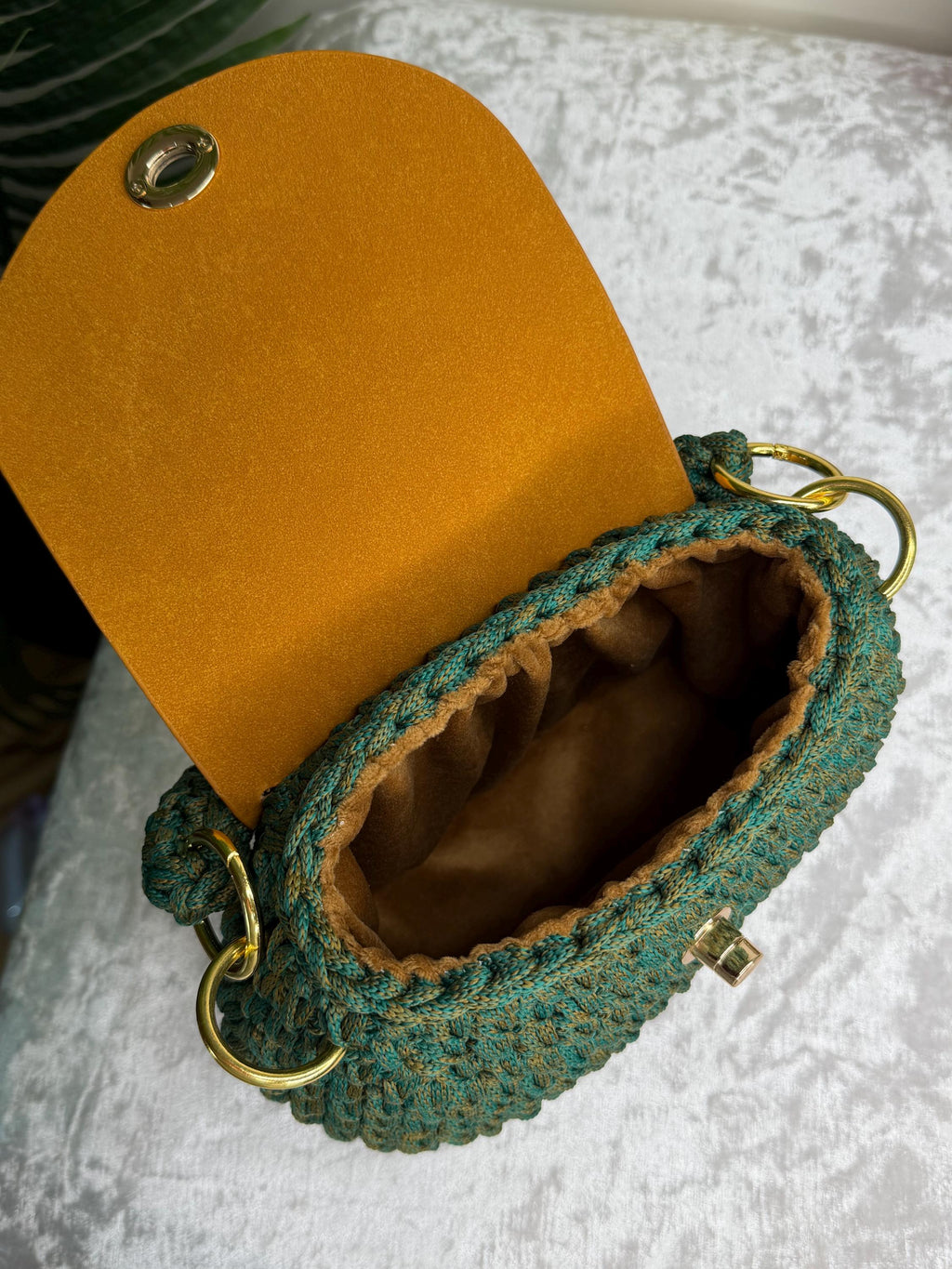 Emerald Green Crochet Bag with Caramel Leather Flap – Handmade Top Handle & Crossbody | Limited Edition KNOTIQUE