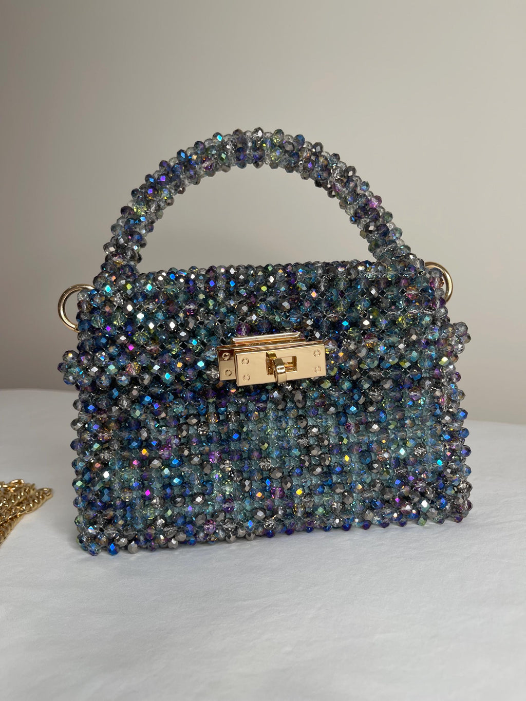 Midnight Aurora Crystal Beaded Bag – Handmade Luxury Evening Purse, Iridescent Blue Sparkle Bag, Statement Party Clutch, KNOTIQUE