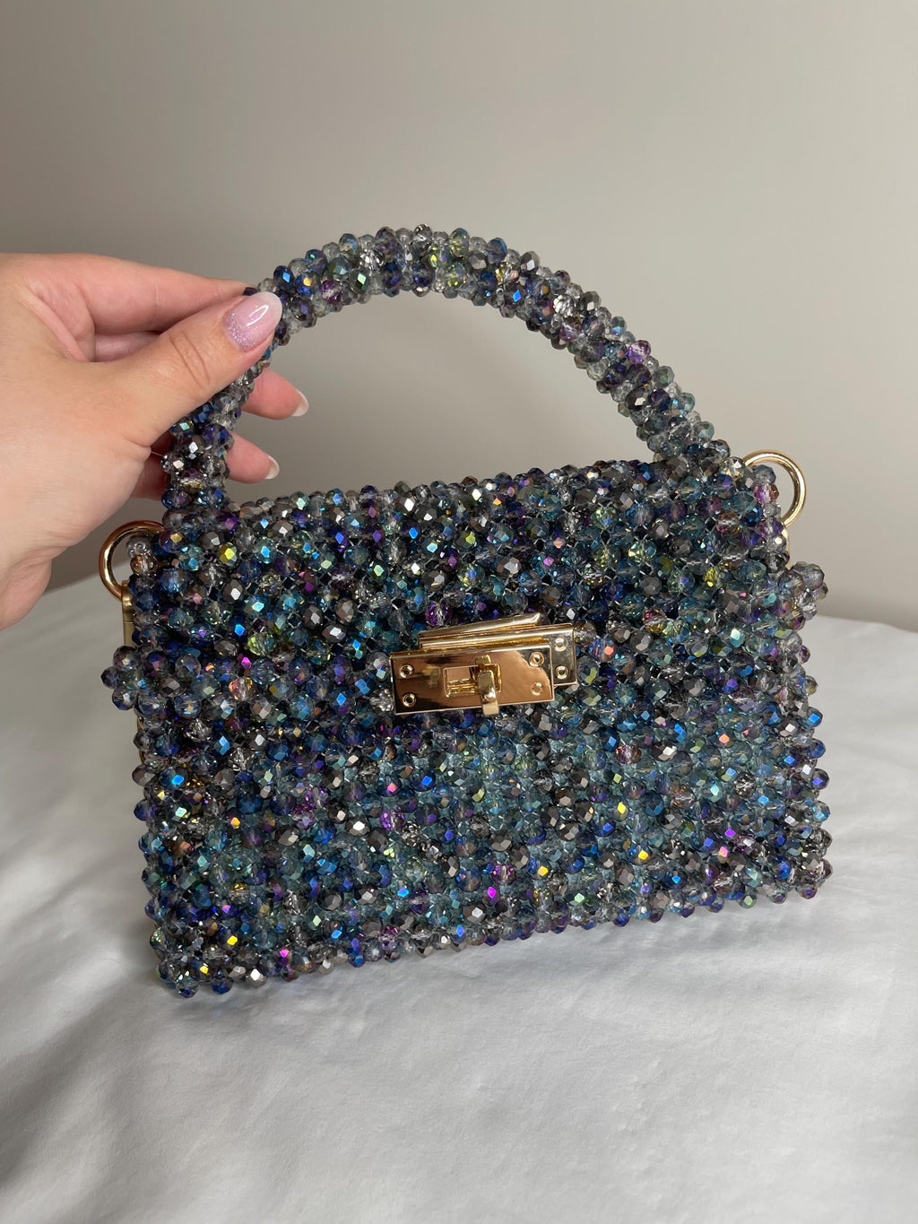 Midnight Aurora Crystal Beaded Bag – Handmade Luxury Evening Purse, Iridescent Blue Sparkle Bag, Statement Party Clutch, KNOTIQUE