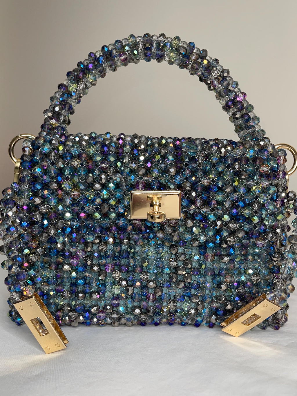 Midnight Aurora Crystal Beaded Bag – Handmade Luxury Evening Purse, Iridescent Blue Sparkle Bag, Statement Party Clutch, KNOTIQUE