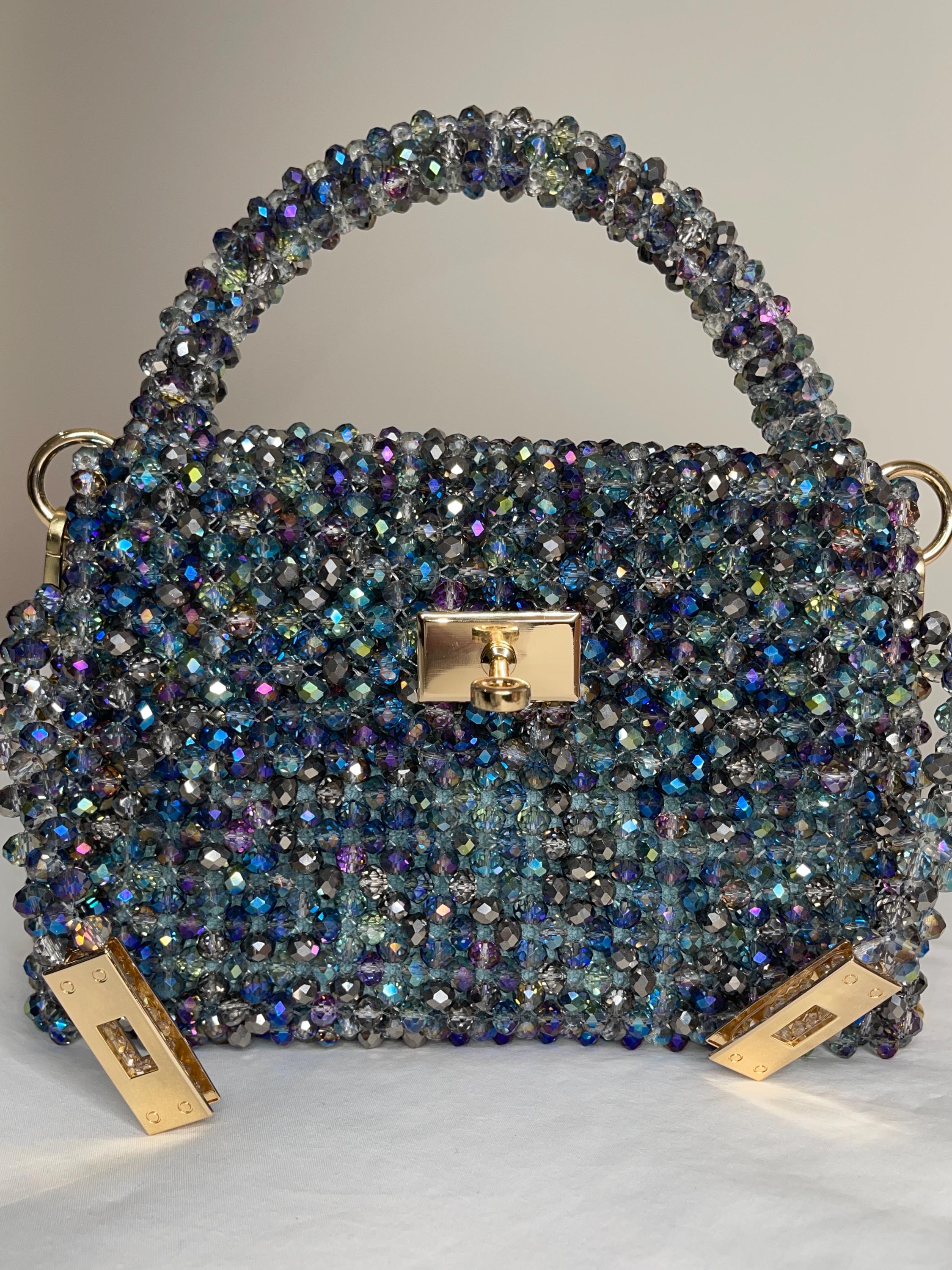 Midnight Aurora Crystal Beaded Bag – Handmade Luxury Evening Purse, Iridescent Blue Sparkle Bag, Statement Party Clutch, KNOTIQUE