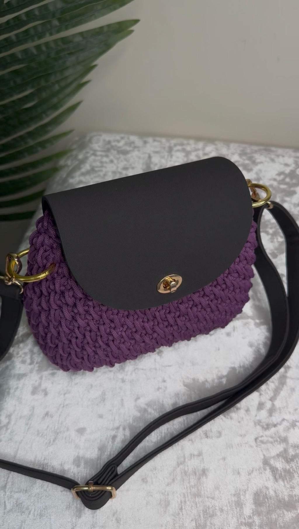Purple Crochet Leather Flap Bag – Handmade Cord Handbag with Gold Hardware