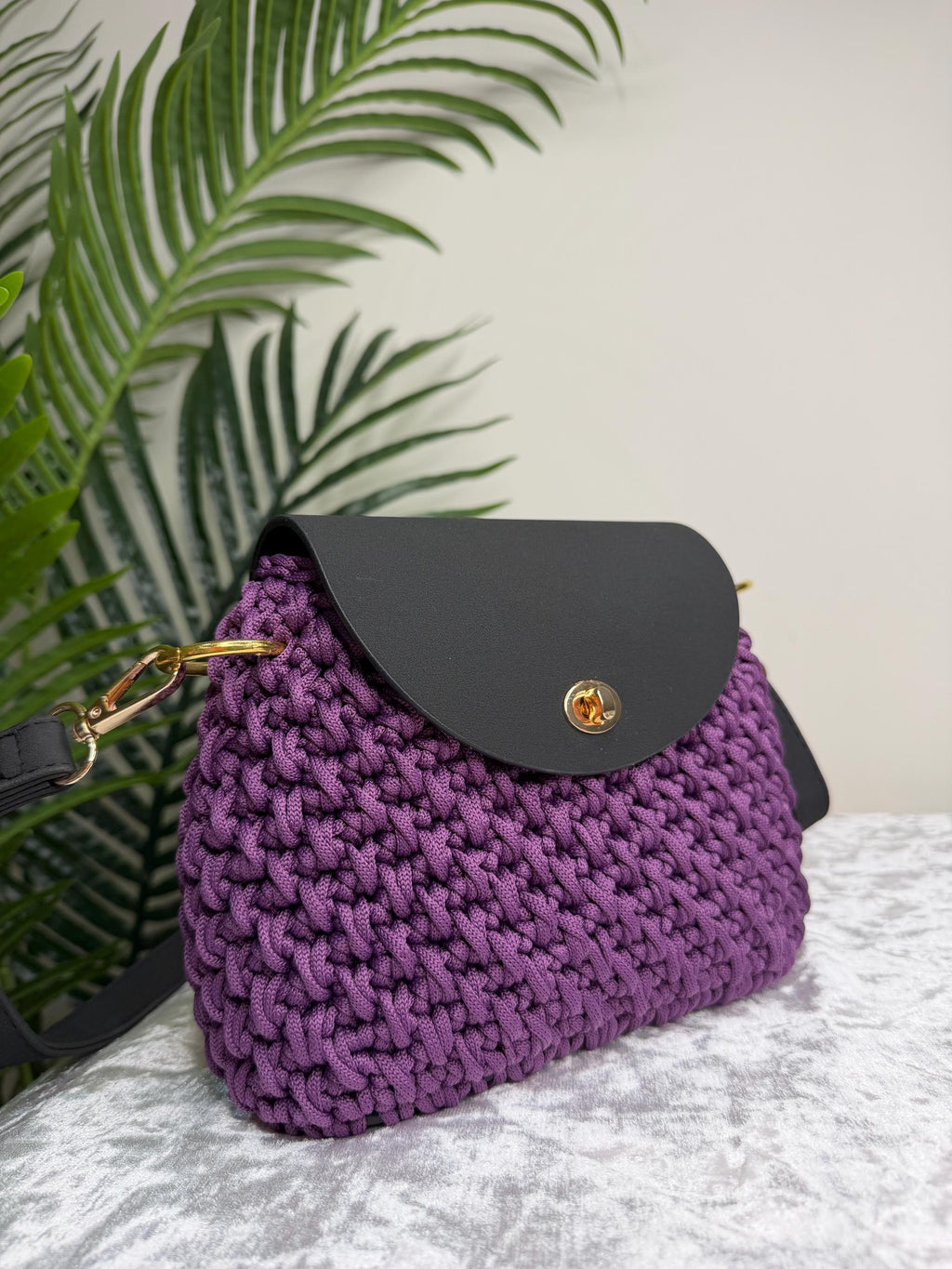 Purple Crochet Leather Flap Bag – Handmade Cord Handbag with Gold Hardware