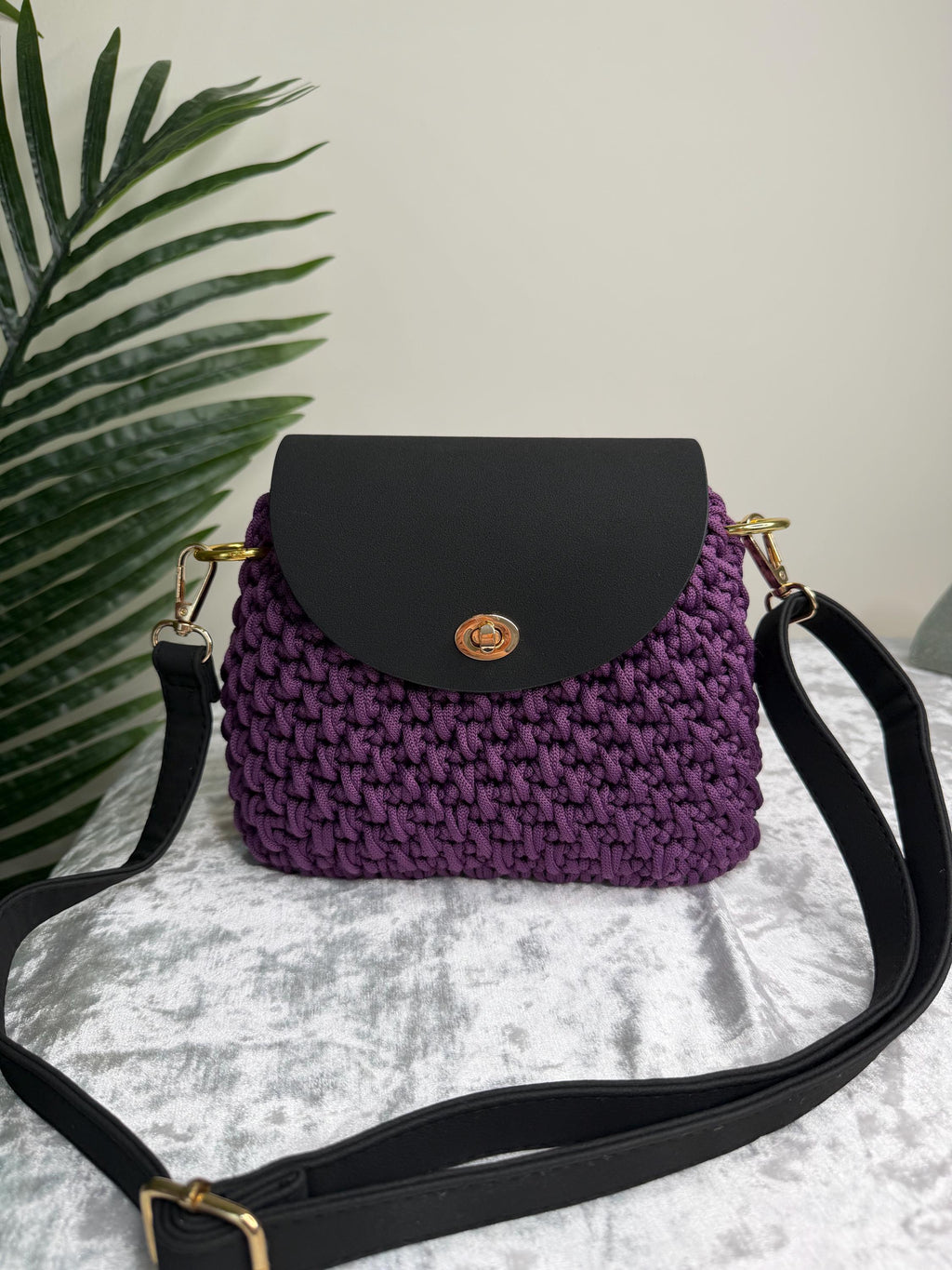 Purple Crochet Leather Flap Bag – Handmade Cord Handbag with Gold Hardware