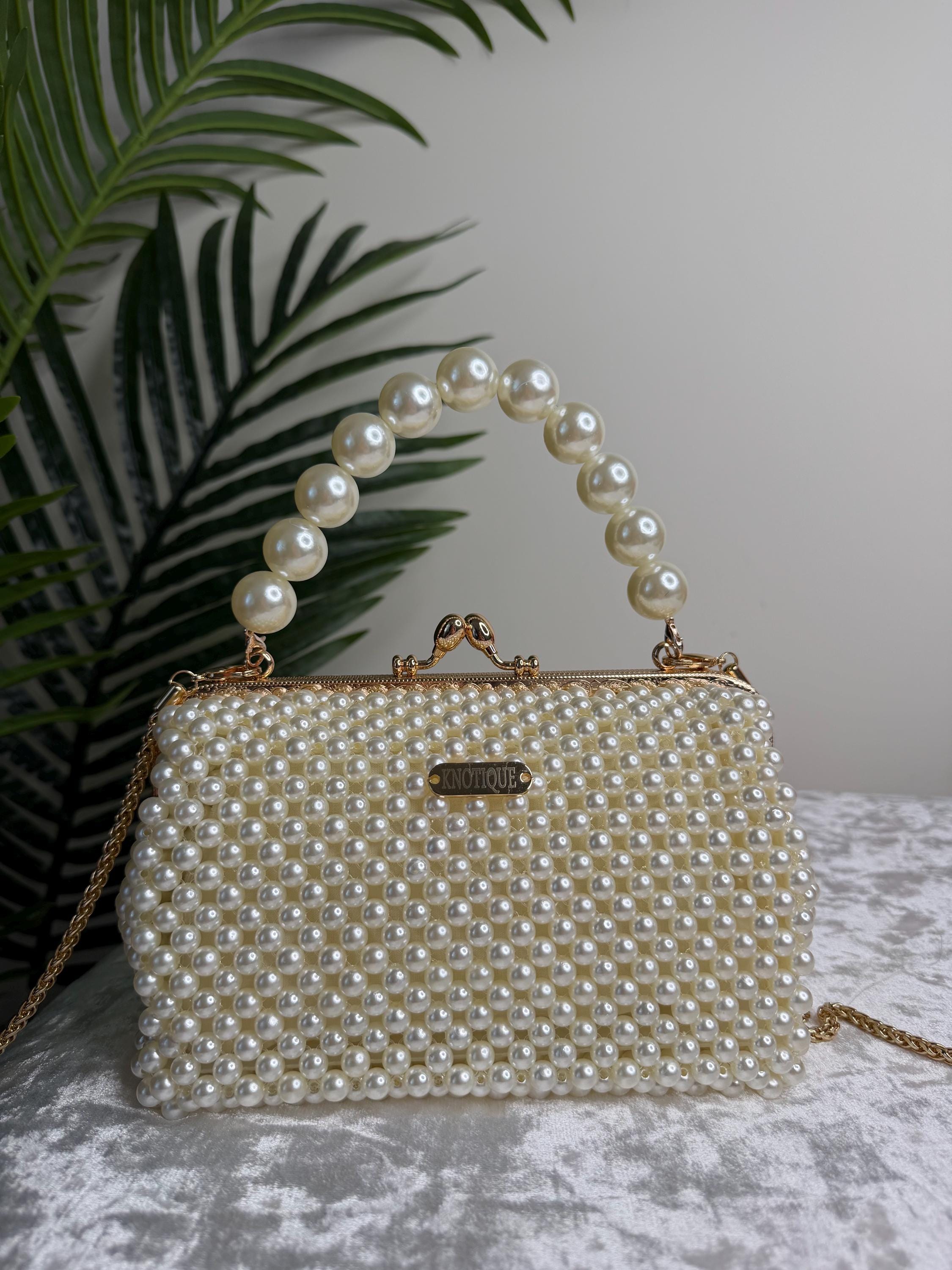 Luxury Pearl Beaded Clutch Bag, Handmade Ivory Evening Bag, Bridal Purse with Pearl Handle, Elegant Wedding Bag, Gift for Her
