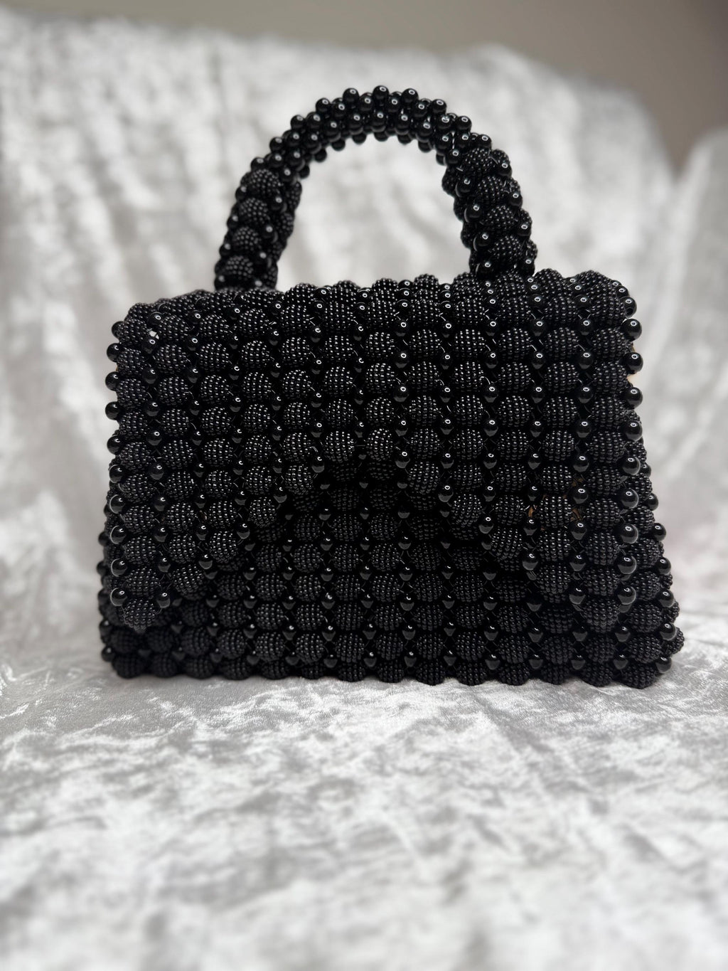 Handmade Black Beaded Evening Bag – Top Handle Purse with Gold Chain