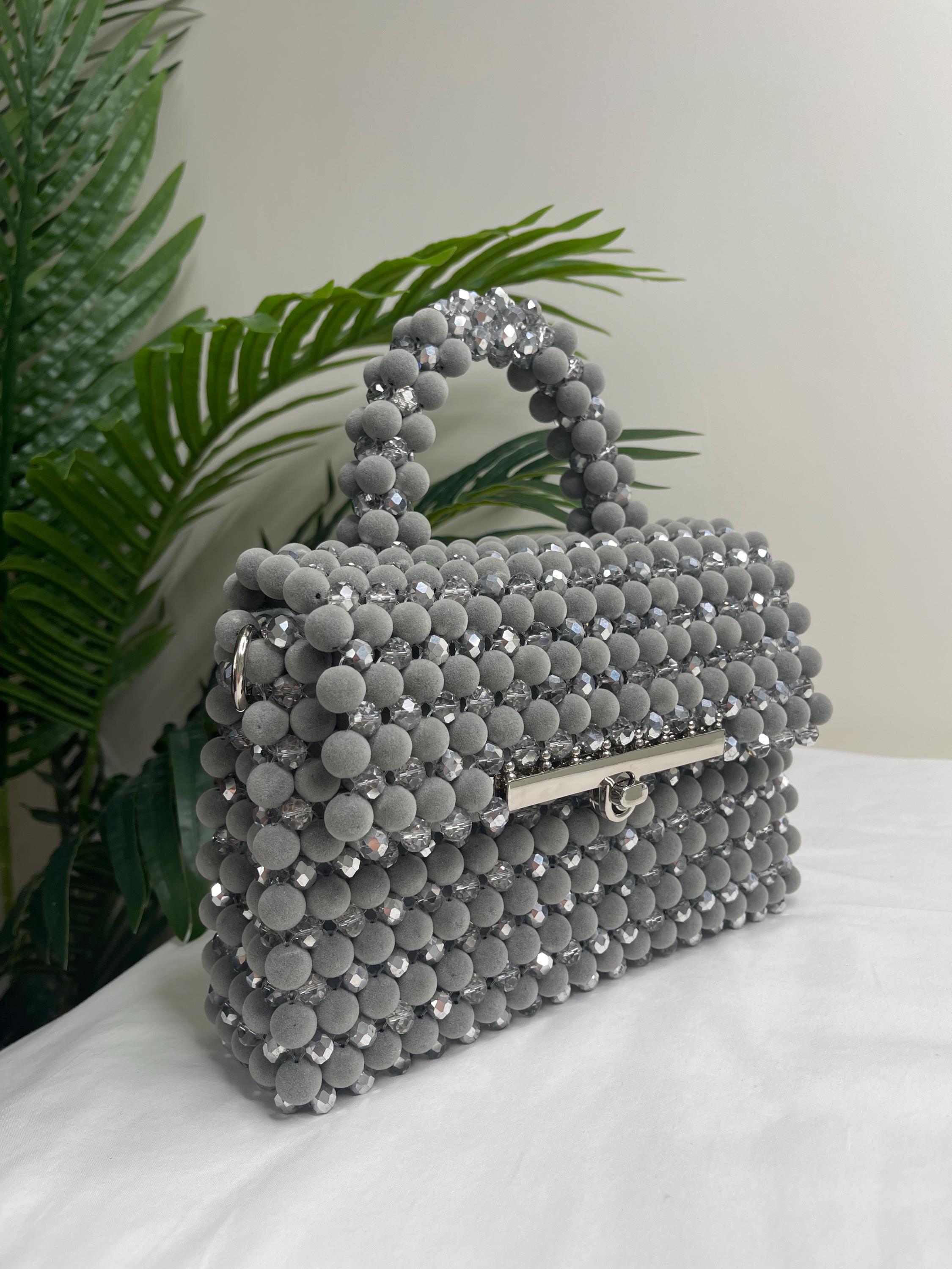 Grey Beaded Evening Bag with Crystal Accents, Handmade Clutch Purse