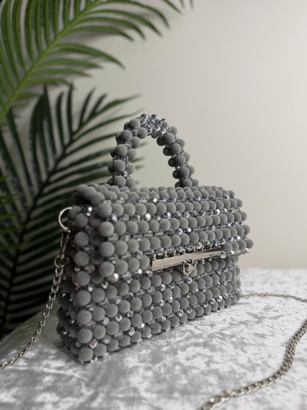 Grey Beaded Evening Bag with Crystal Accents, Handmade Clutch Purse