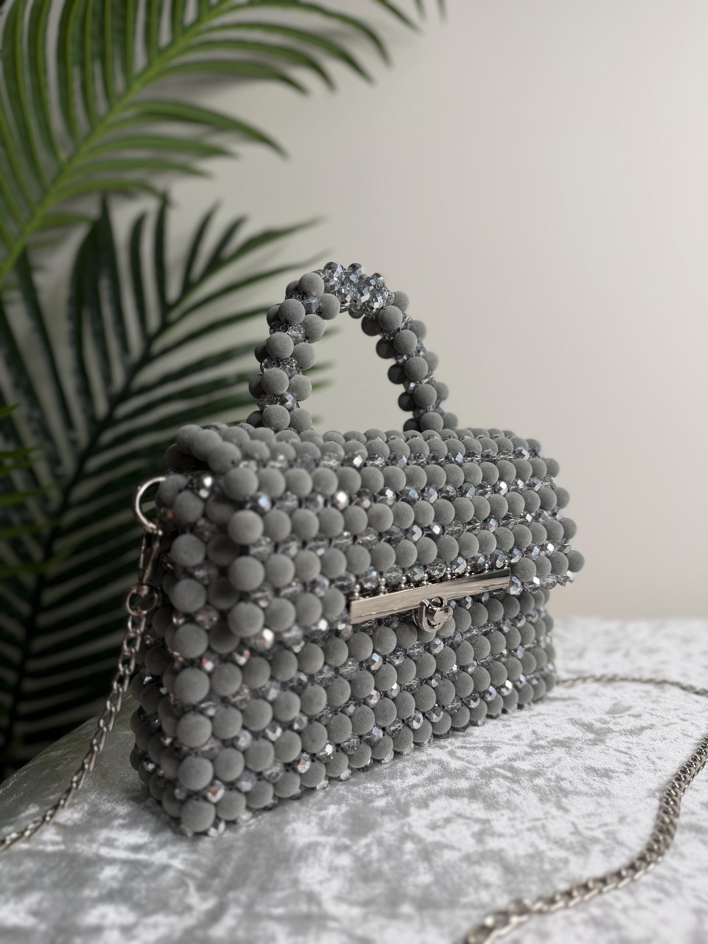 Grey Beaded Evening Bag with Crystal Accents, Handmade Clutch Purse