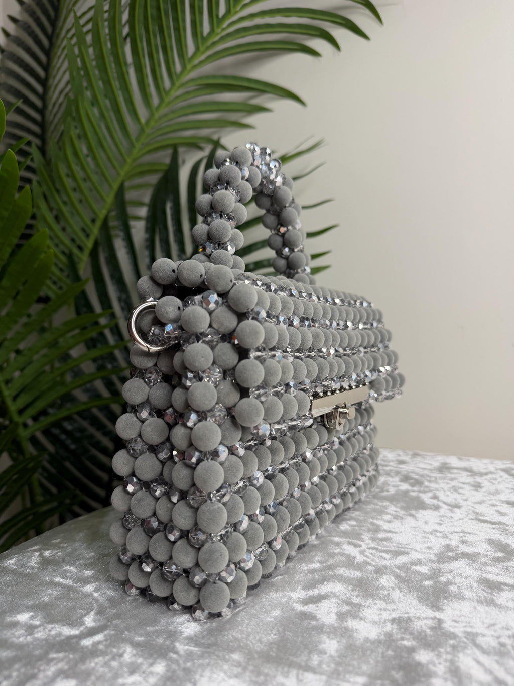 Grey Beaded Evening Bag with Crystal Accents, Handmade Clutch Purse