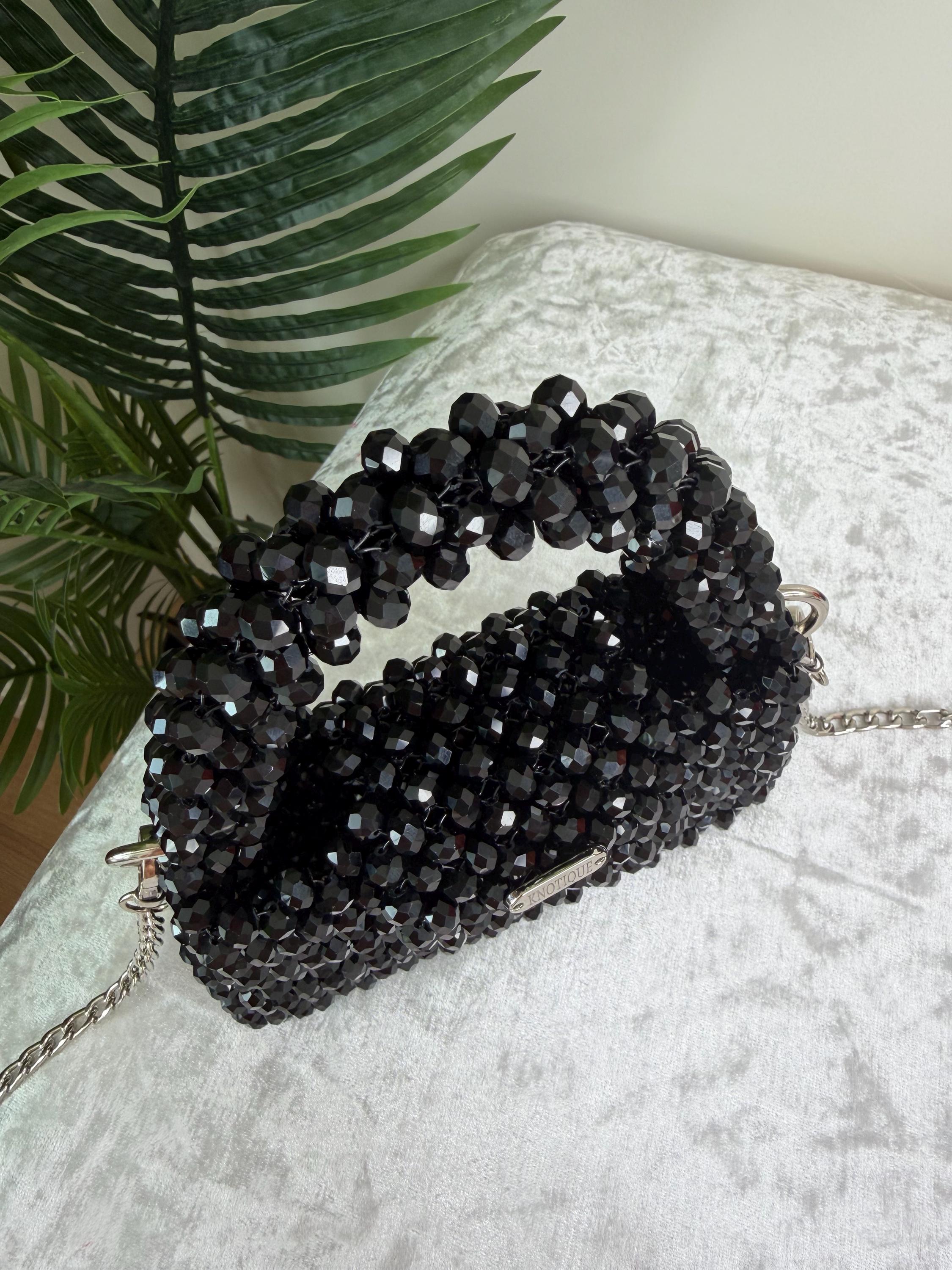 Black Beaded Mini Bag, Handmade Crystal Evening Bag, Luxury Clutch with Chain, Elegant Small Purse, Wedding Party Bag, Gift for Her