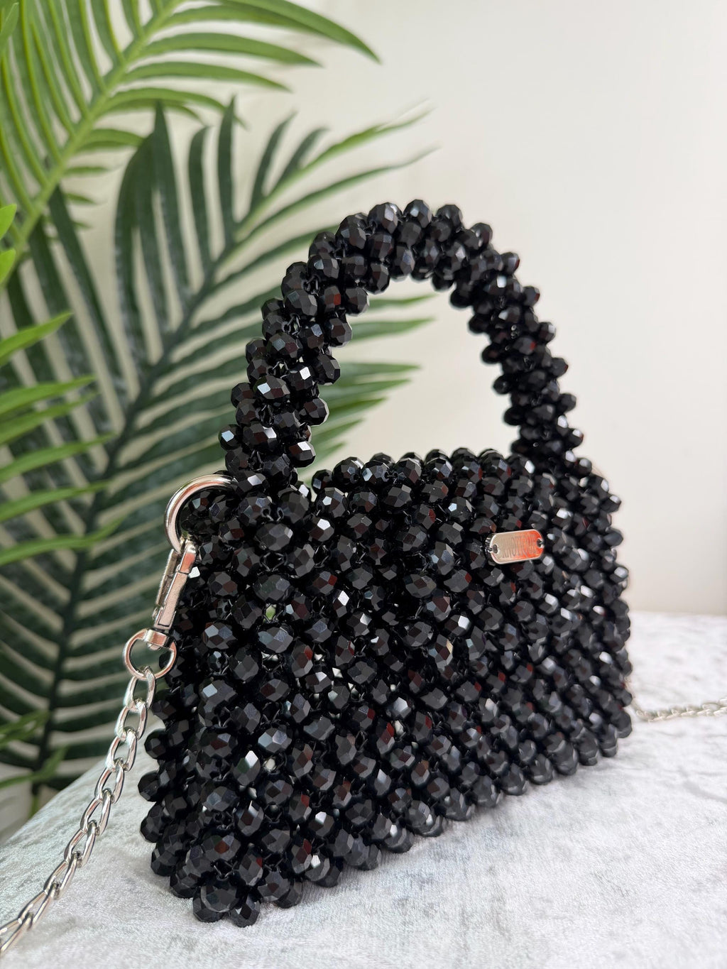 Black Beaded Mini Bag, Handmade Crystal Evening Bag, Luxury Clutch with Chain, Elegant Small Purse, Wedding Party Bag, Gift for Her