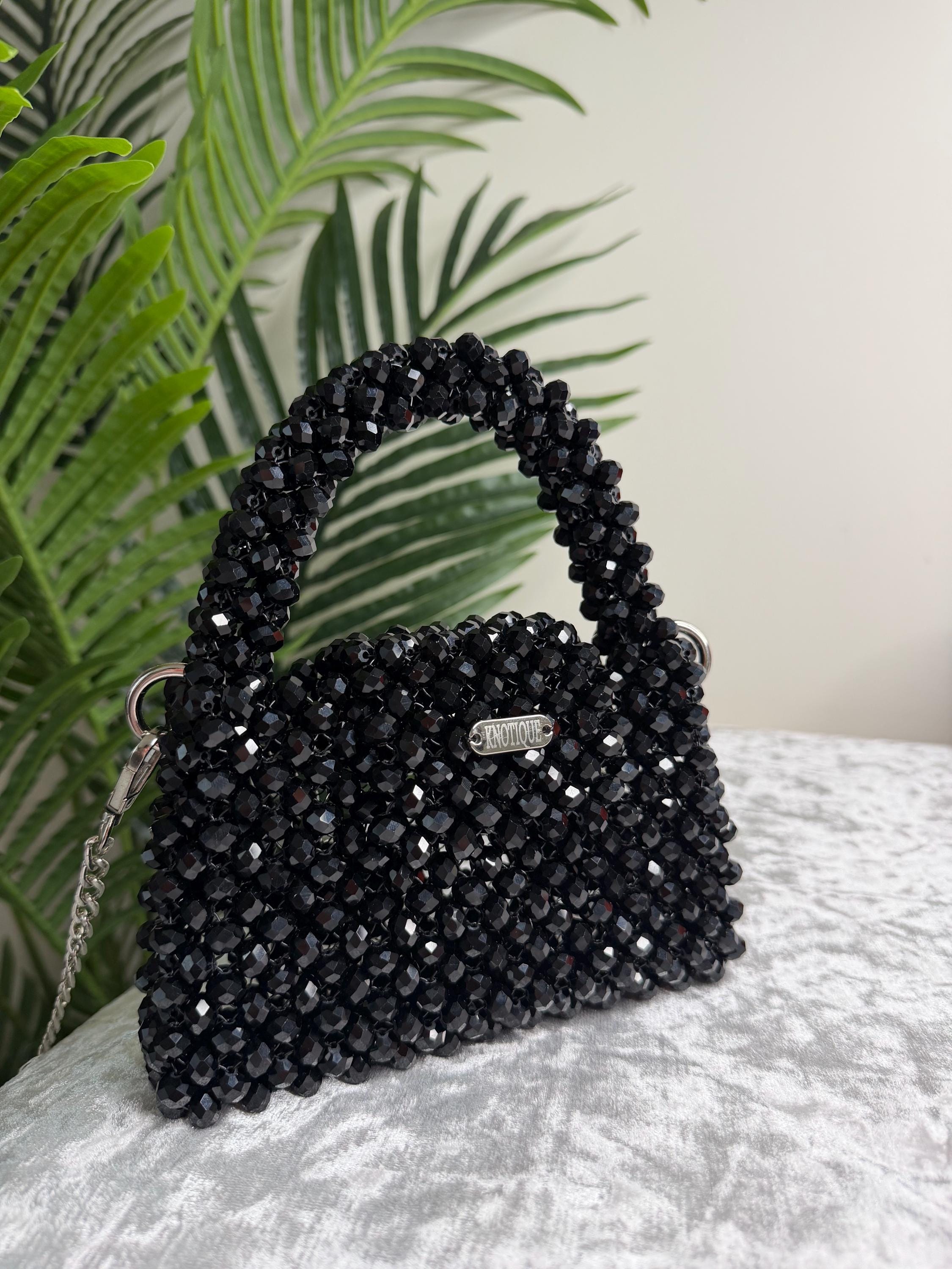 Black Beaded Mini Bag, Handmade Crystal Evening Bag, Luxury Clutch with Chain, Elegant Small Purse, Wedding Party Bag, Gift for Her