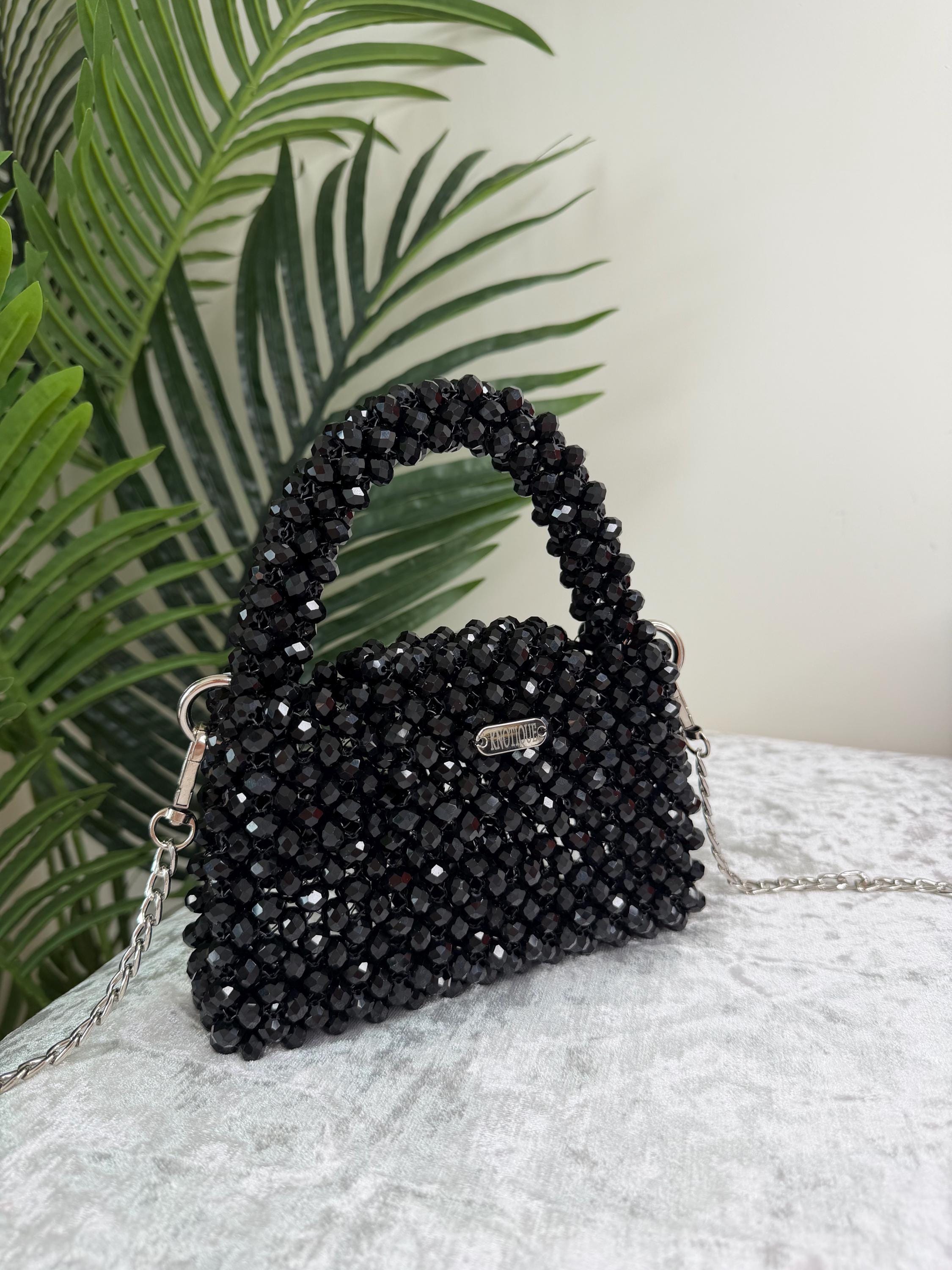 Black Beaded Mini Bag, Handmade Crystal Evening Bag, Luxury Clutch with Chain, Elegant Small Purse, Wedding Party Bag, Gift for Her