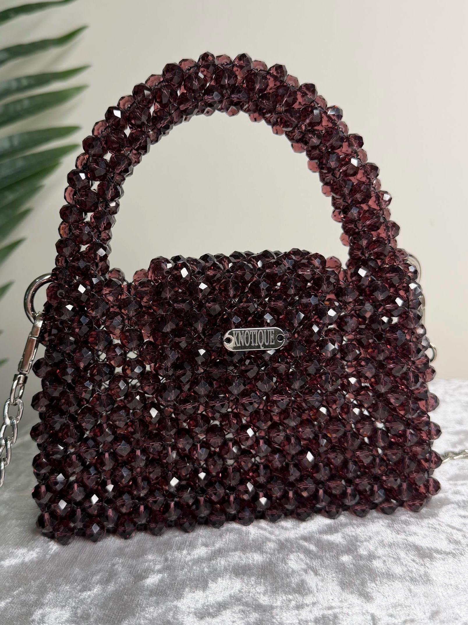 Deep Burgundy Beaded Mini Bag, Elegant Crystal Evening Crossbody Purse