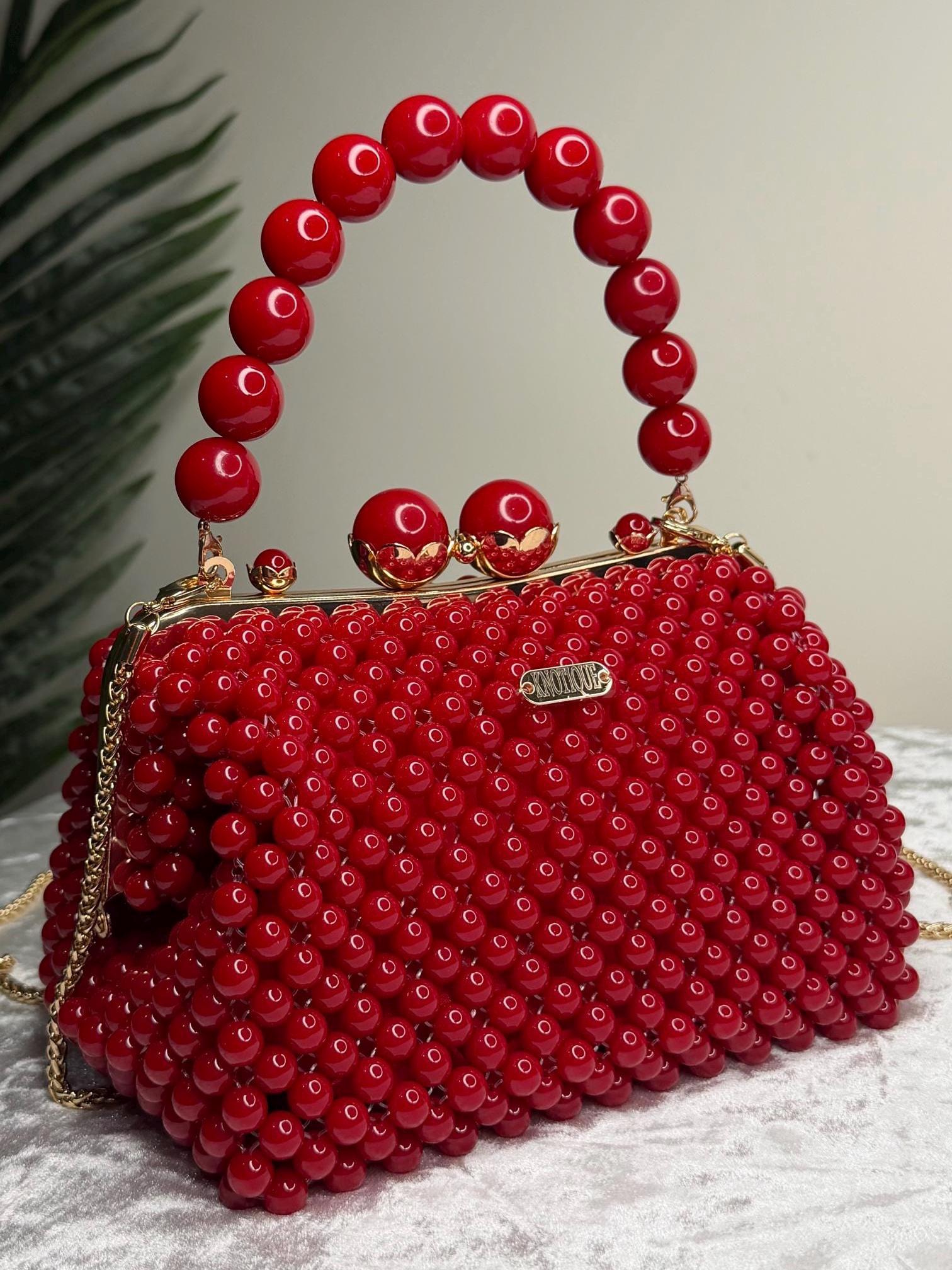 Handmade Burgundy Beaded Evening Bag, Acrylic Top Handle Clutch, Formal Party Purse
