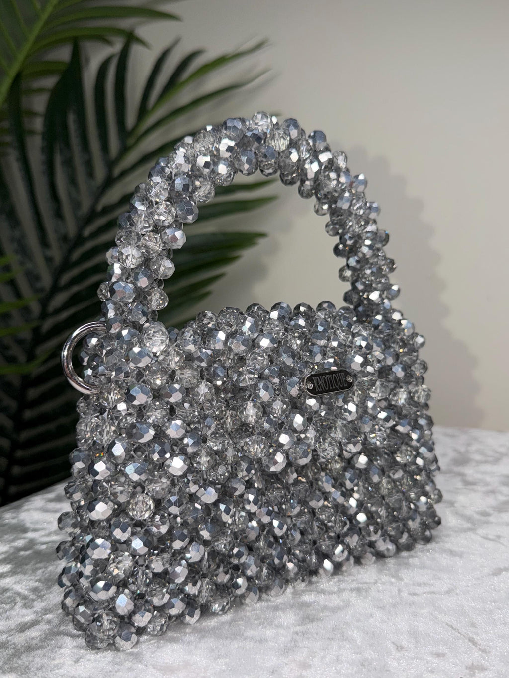 Handmade Silver Crystal Beaded Bag, Sparkly Evening Clutch, Sculptural Handle Handbag