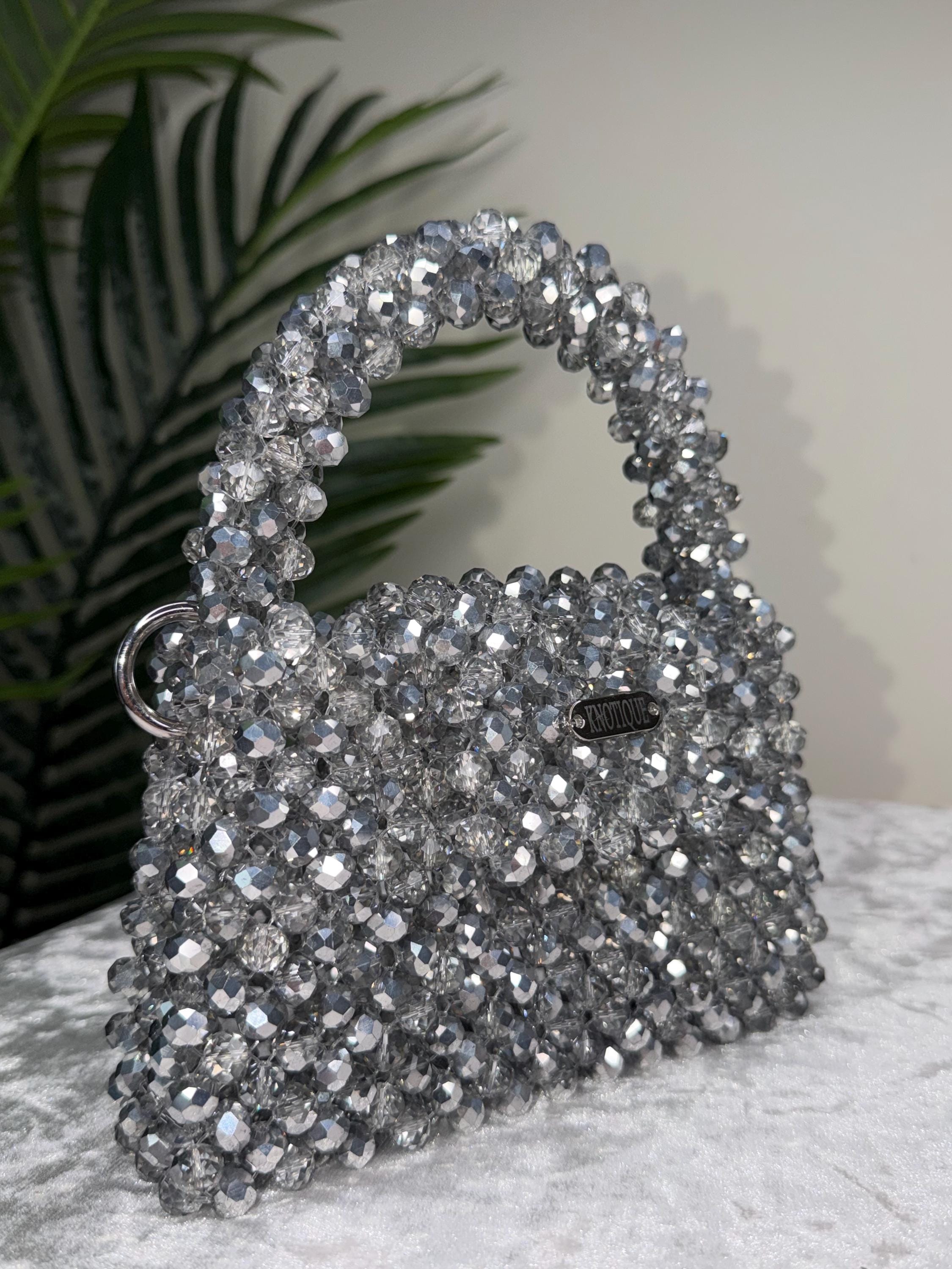 Handmade Silver Crystal Beaded Bag, Sparkly Evening Clutch, Sculptural Handle Handbag